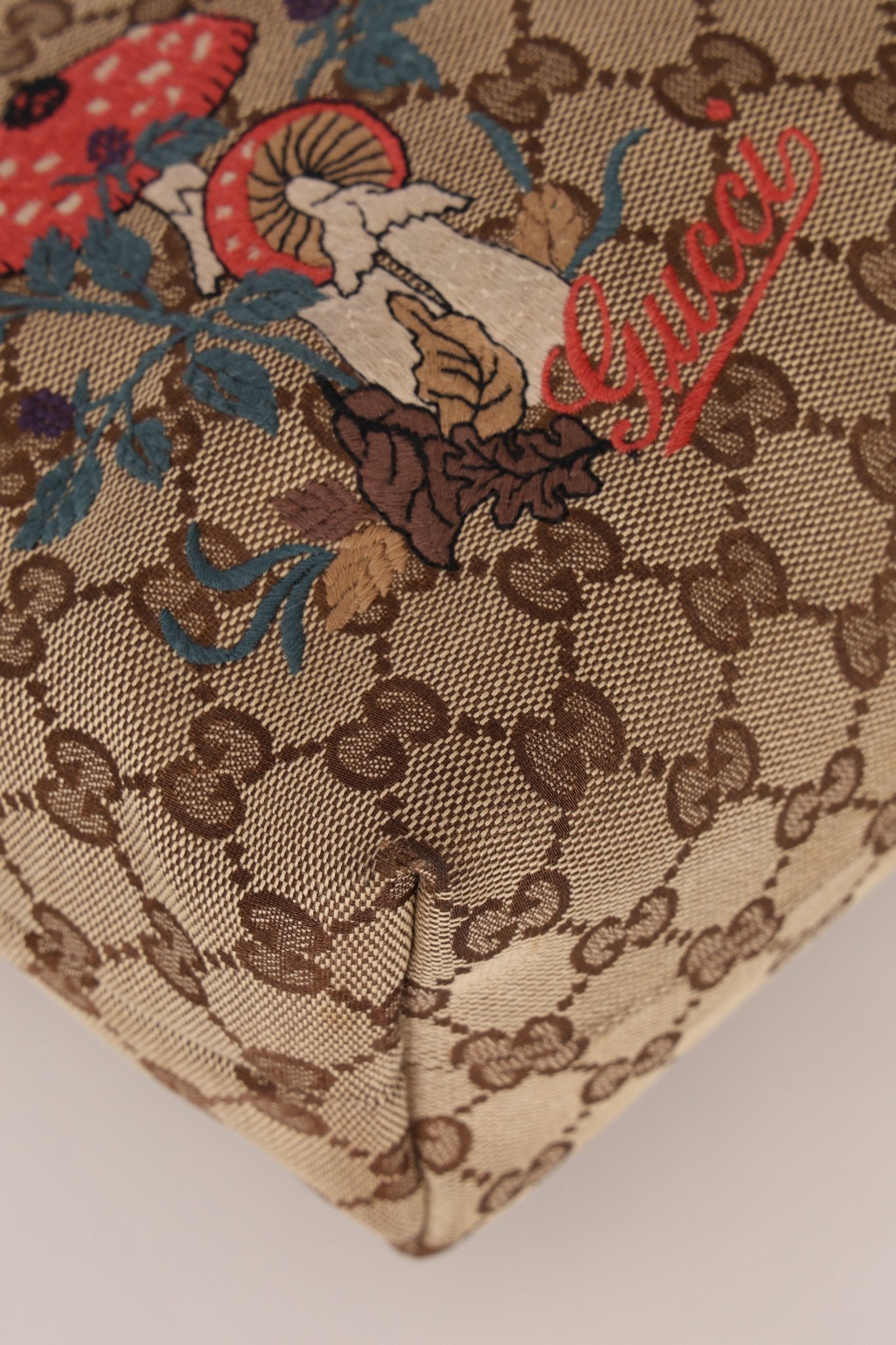 Gucci Monogram Canvas Mushroom Embroidered Tote - FashioNica