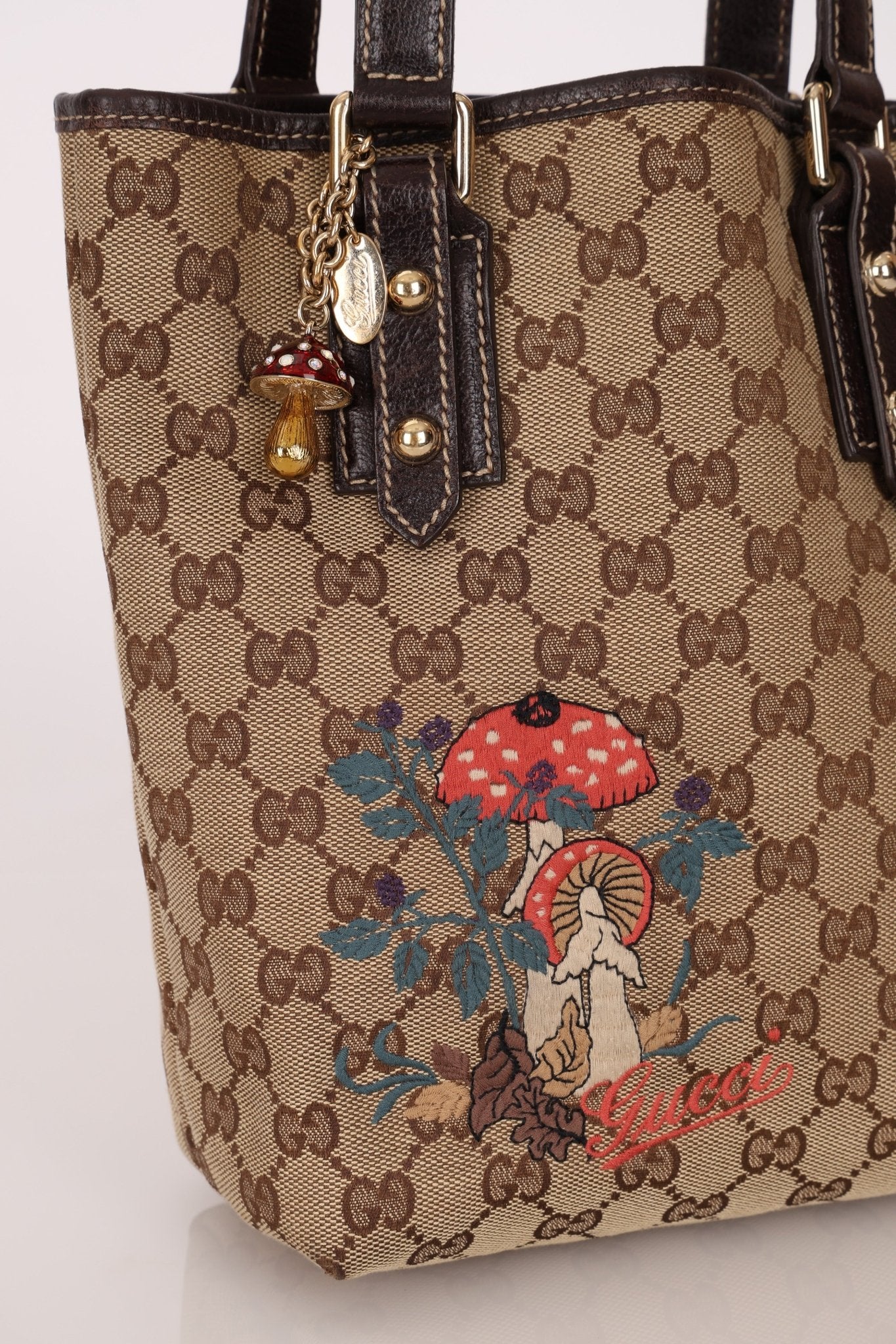 Gucci Monogram Canvas Mushroom Embroidered Tote - FashioNica