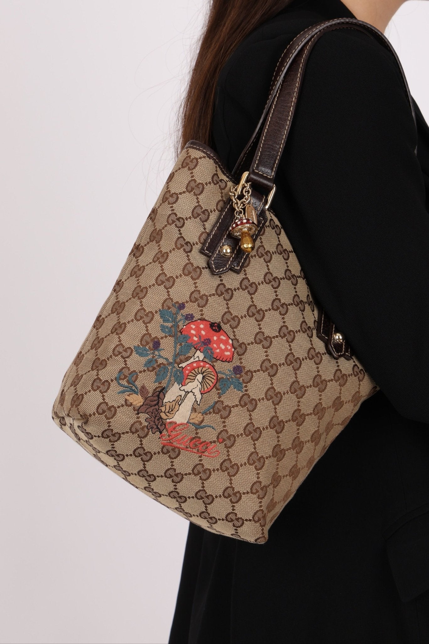 Gucci Monogram Canvas Mushroom Embroidered Tote - FashioNica