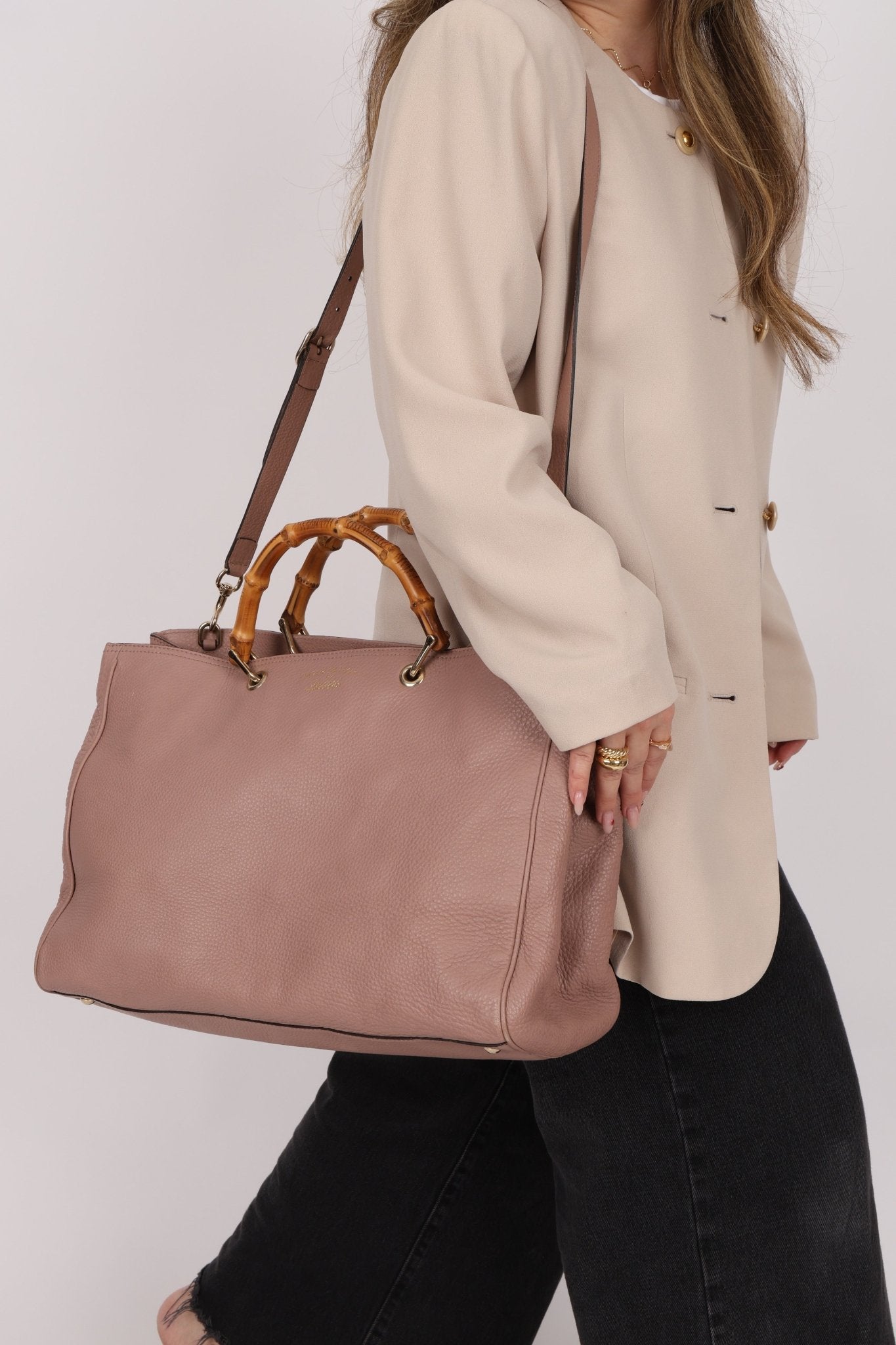 Gucci Nude Leather Bamboo Large Shopper Tote - FashioNica