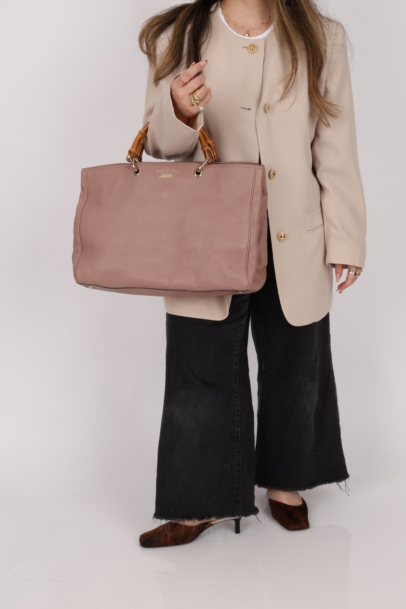 Gucci Nude Leather Bamboo Large Shopper Tote - FashioNica