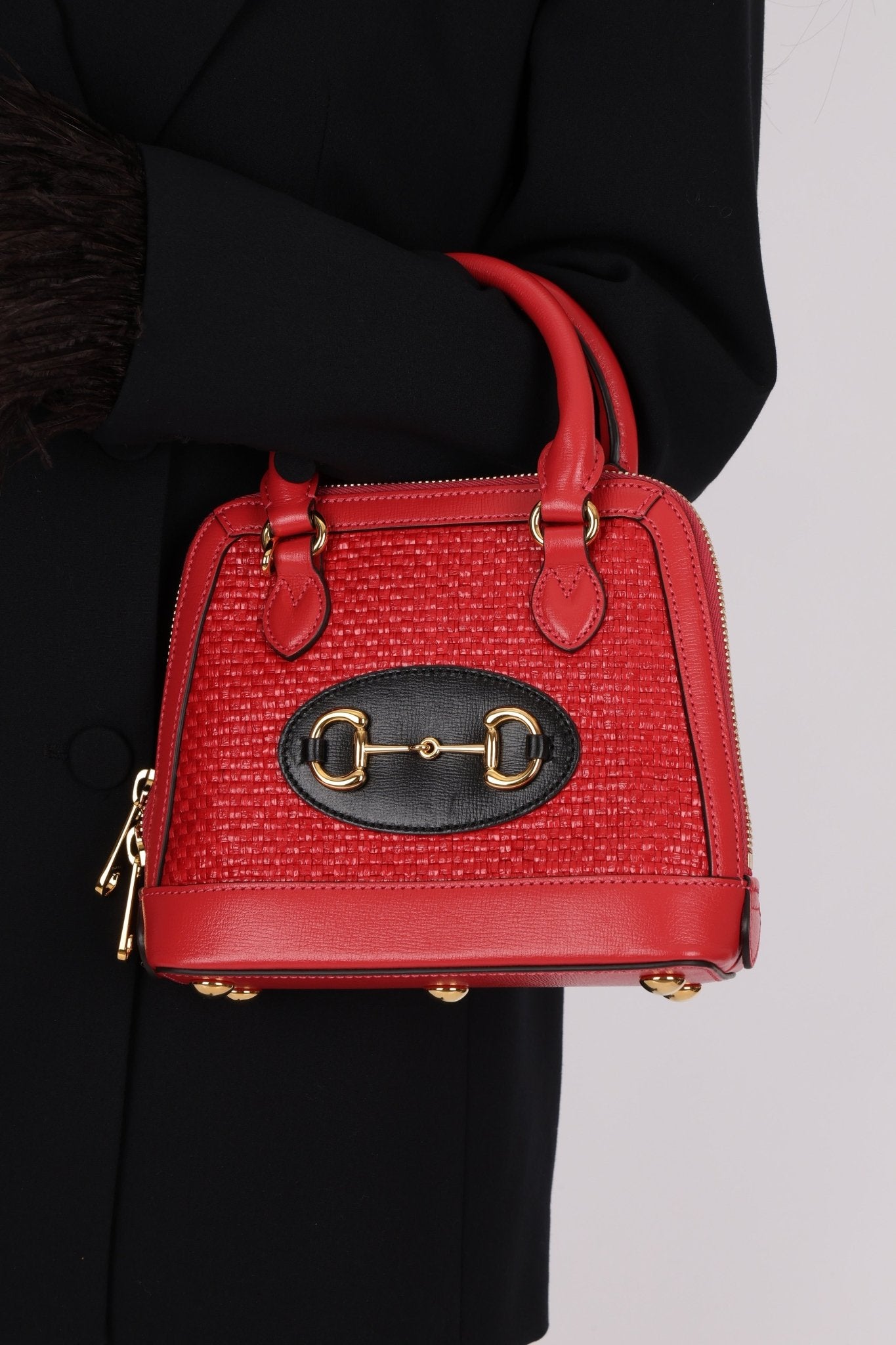 Gucci Red Horsebit Raffia 1955 Top Handle Bag - FashioNica