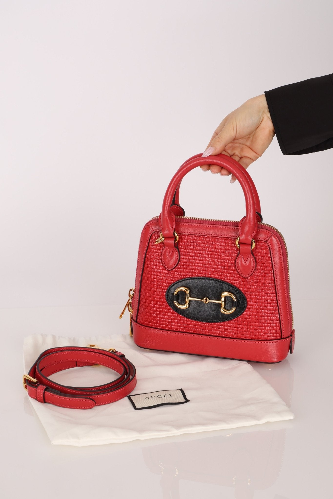Gucci Red Horsebit Raffia 1955 Top Handle Bag - FashioNica