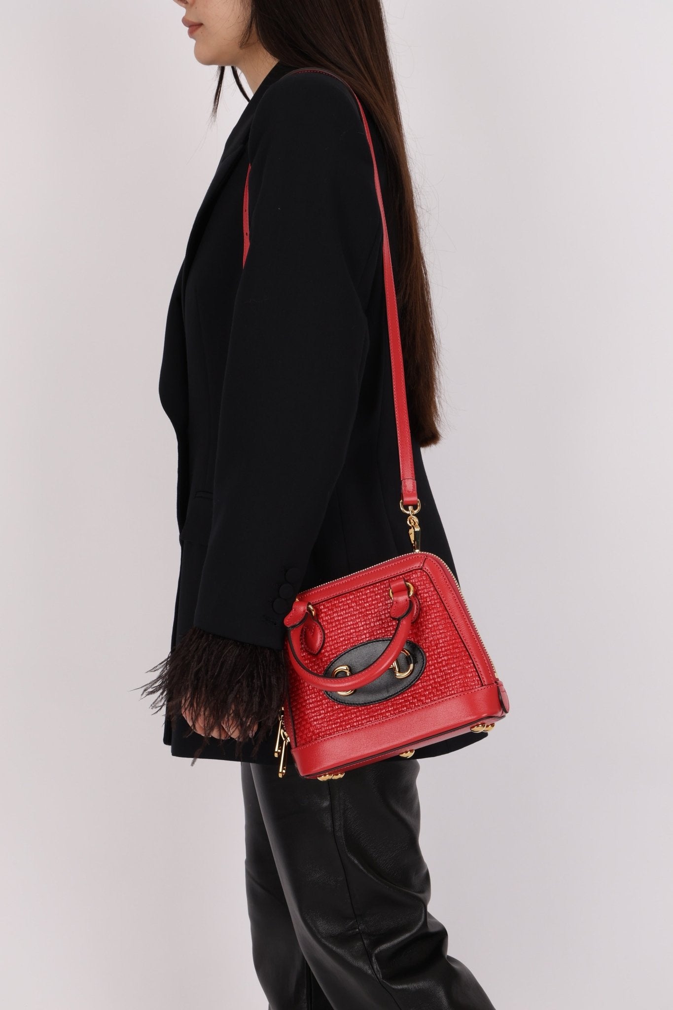 Gucci Red Horsebit Raffia 1955 Top Handle Bag - FashioNica