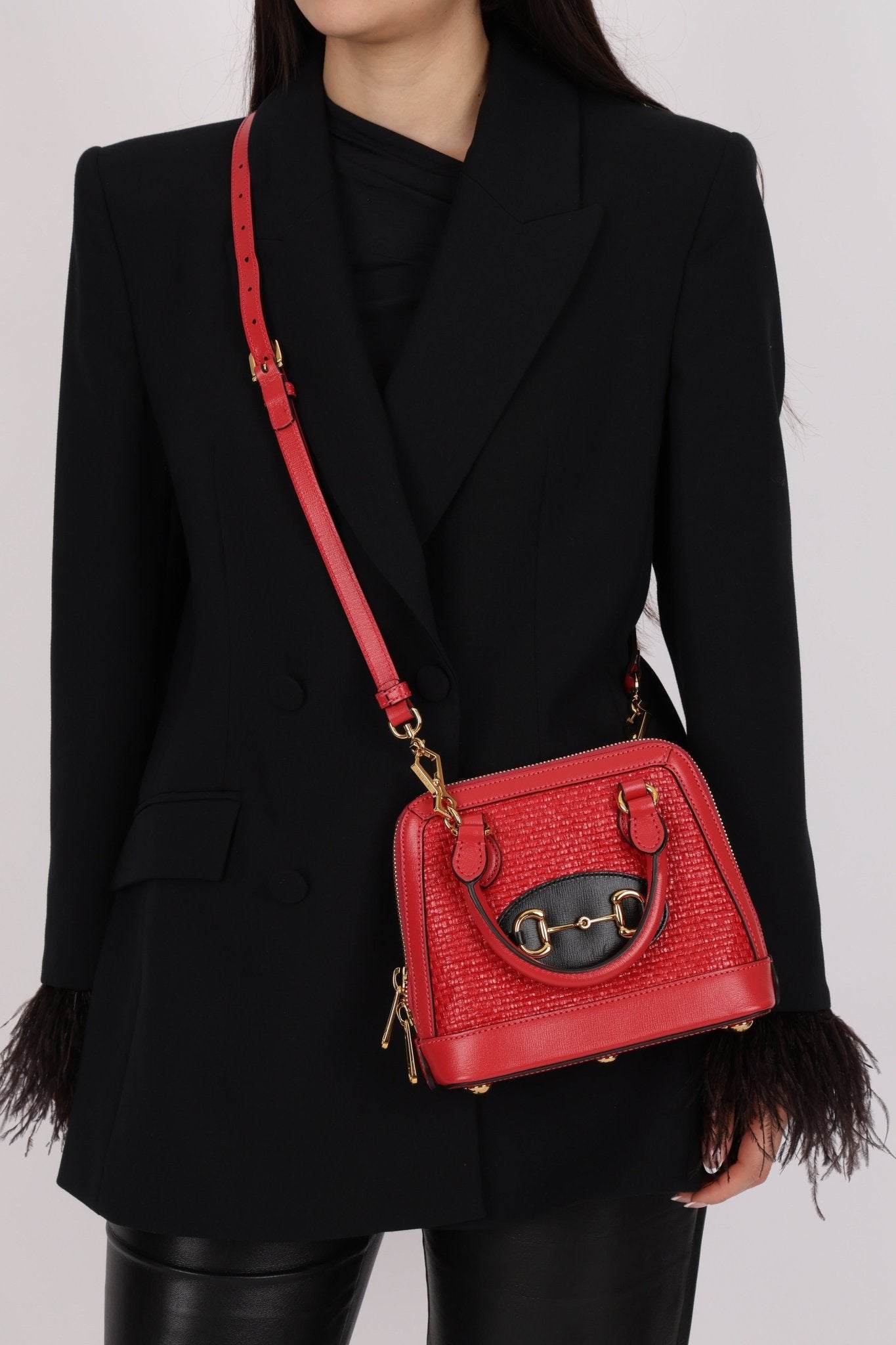 Gucci Red Horsebit Raffia 1955 Top Handle Bag - FashioNica