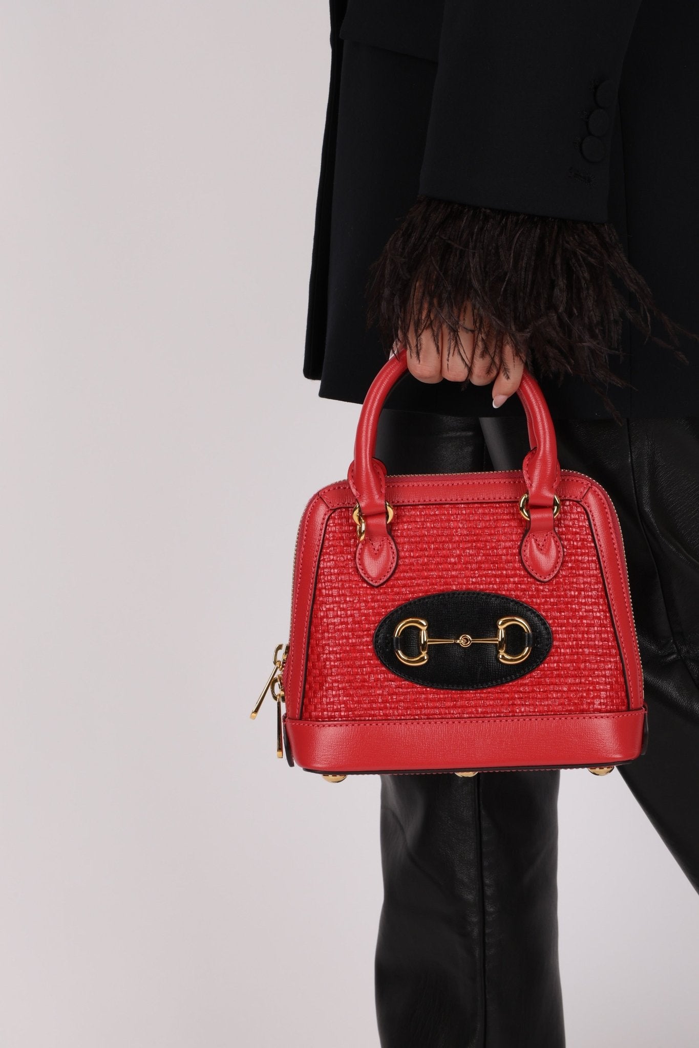 Gucci Red Horsebit Raffia 1955 Top Handle Bag - FashioNica