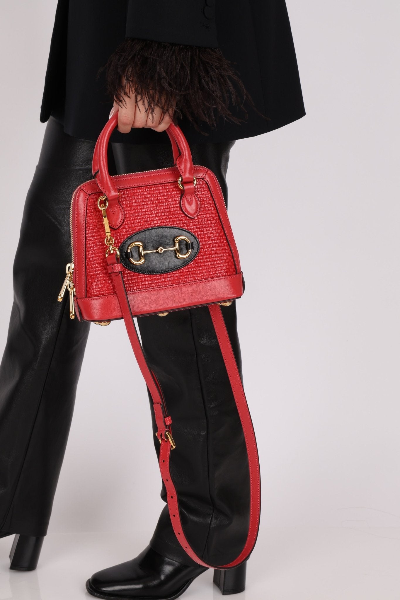 Gucci Red Horsebit Raffia 1955 Top Handle Bag - FashioNica