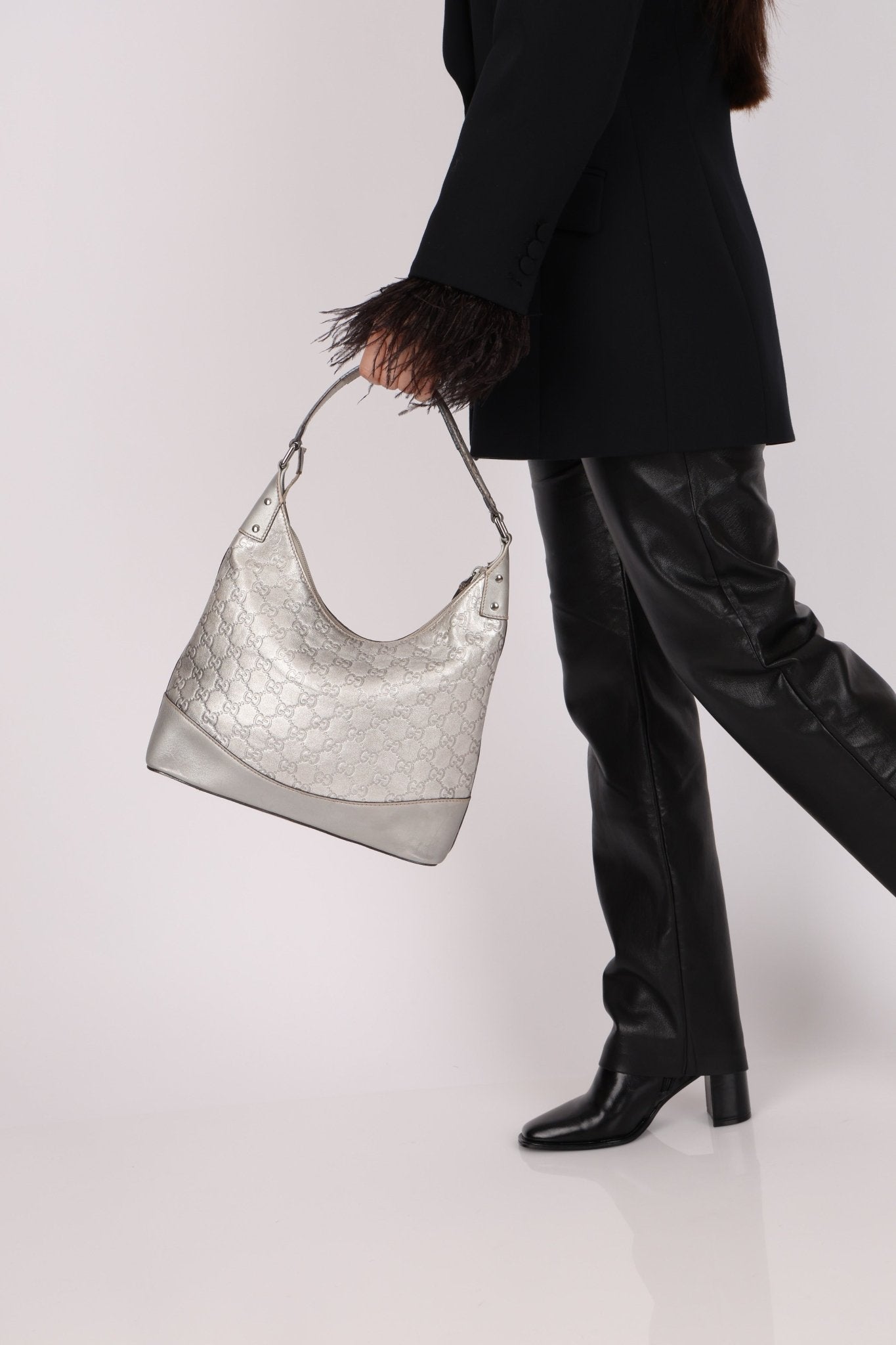 Gucci Silver Leather Guccissima Shoulder Hobo - FashioNica