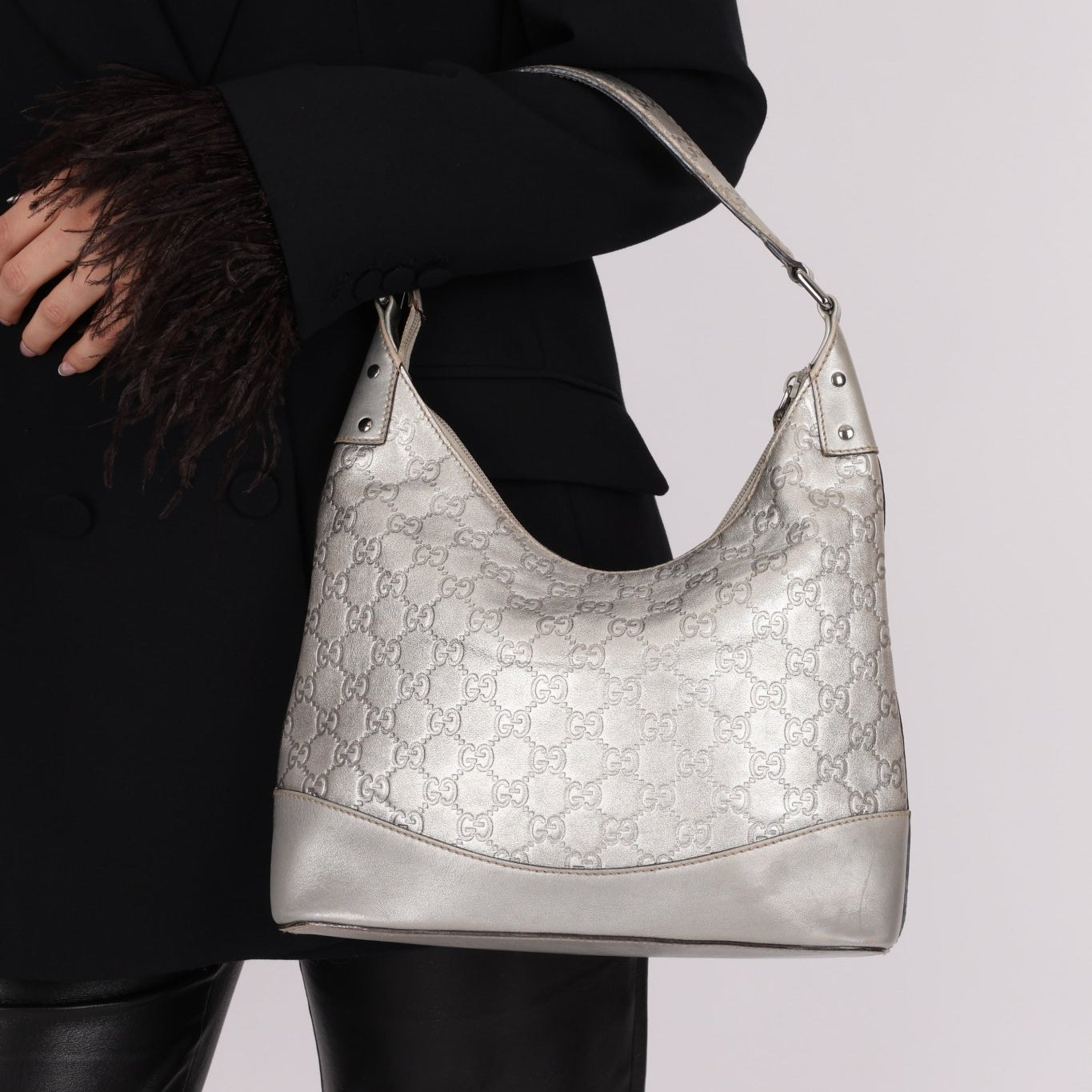 Gucci Silver Leather Guccissima Shoulder Hobo - FashioNica
