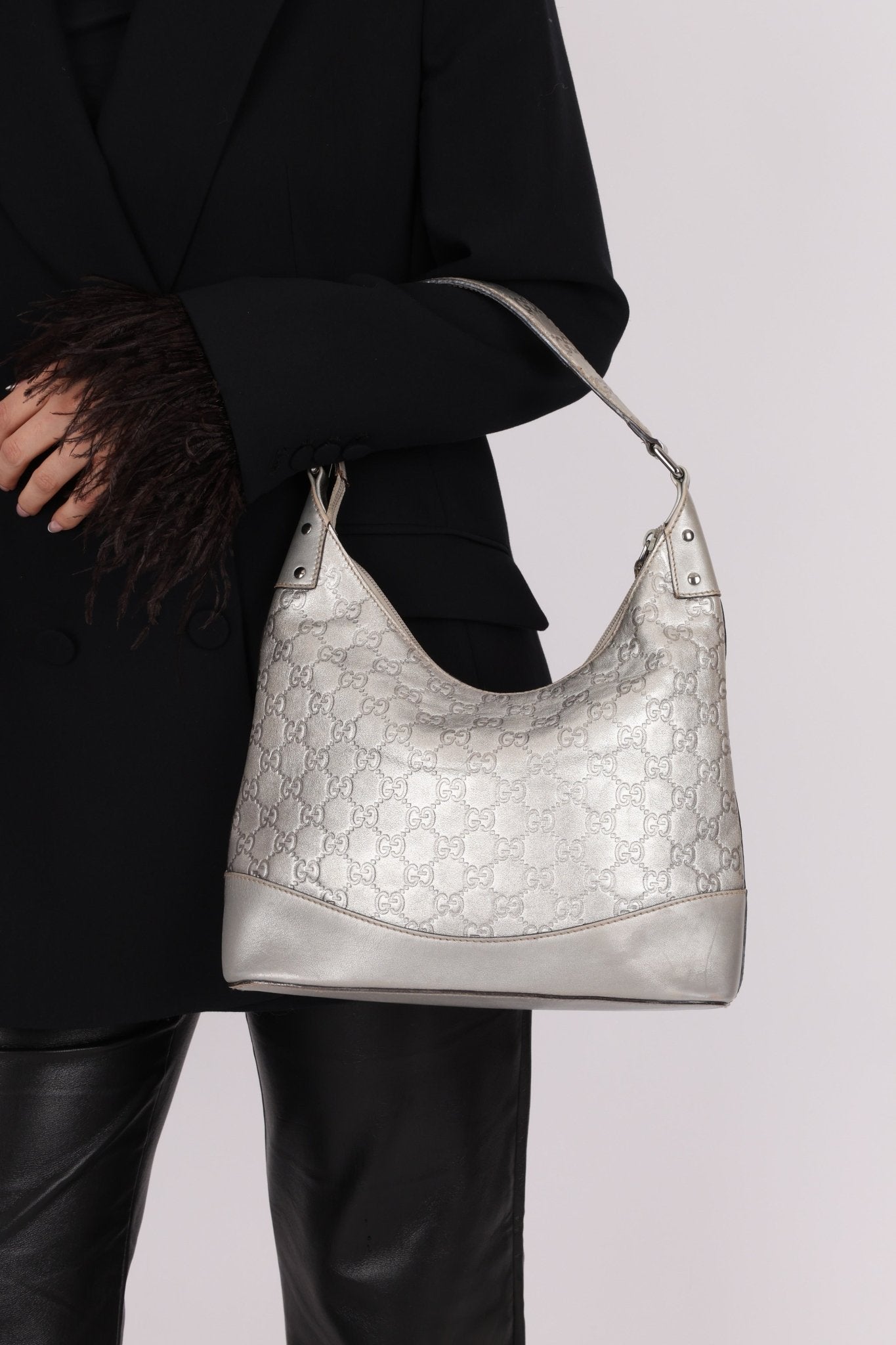Gucci Silver Leather Guccissima Shoulder Hobo - FashioNica