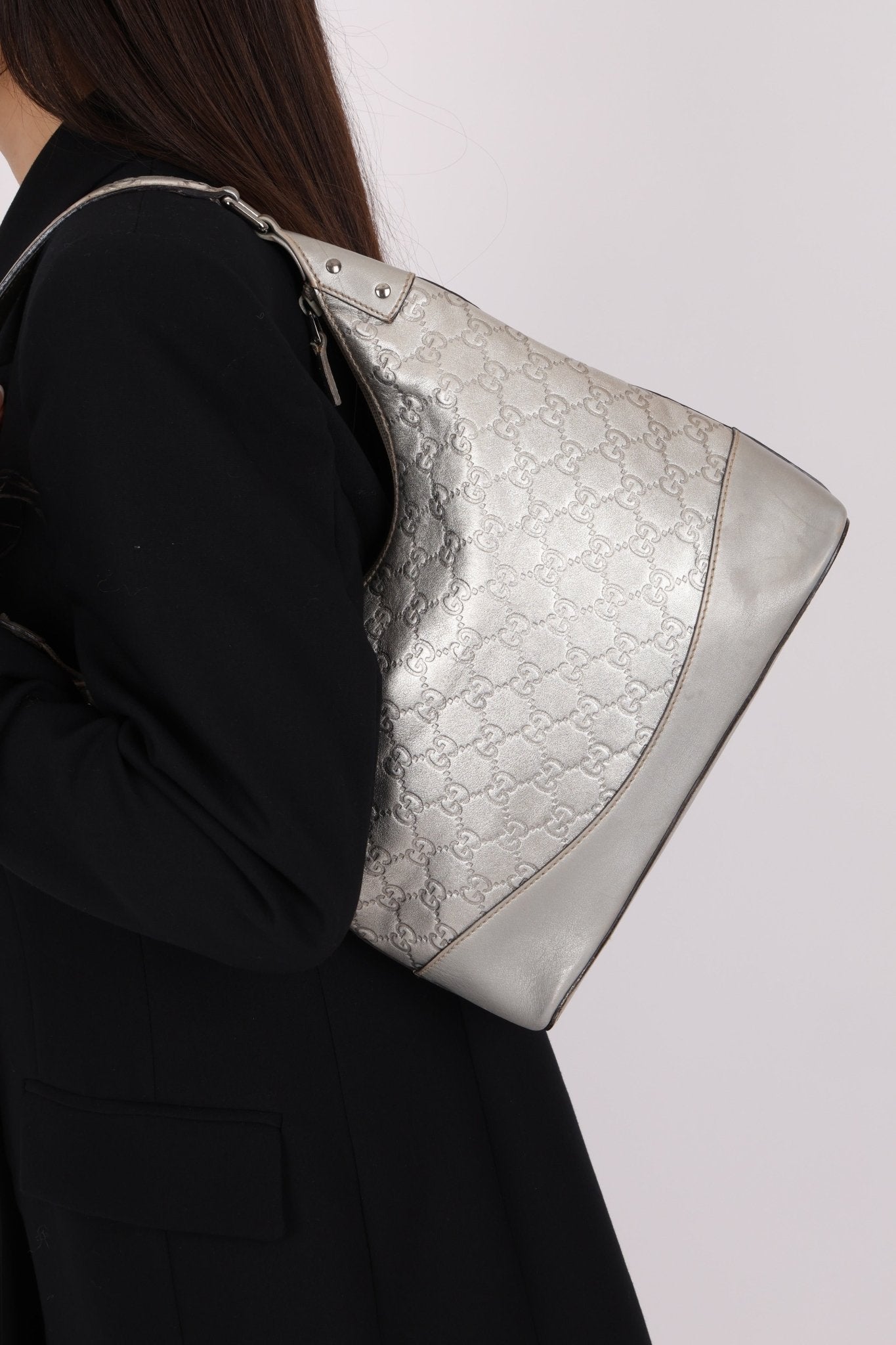 Gucci Silver Leather Guccissima Shoulder Hobo - FashioNica