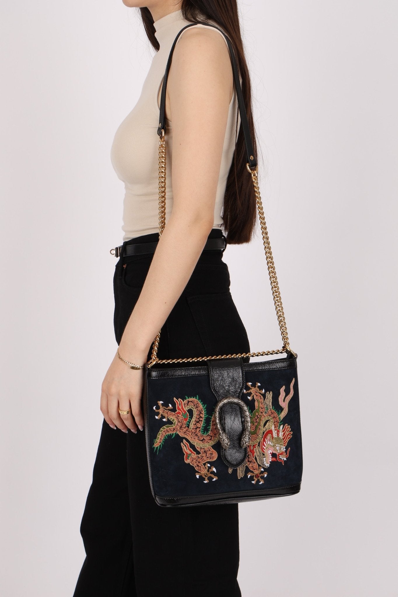Gucci Suede Dragon Embroidered Bucket Bag - FashioNica