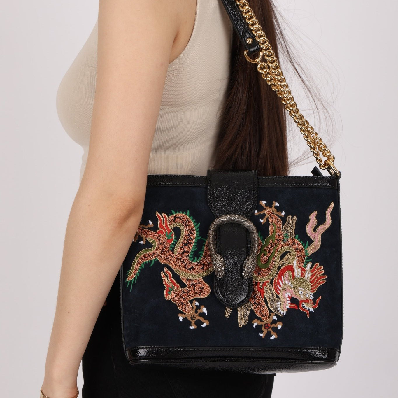 Gucci Suede Dragon Embroidered Bucket Bag - FashioNica