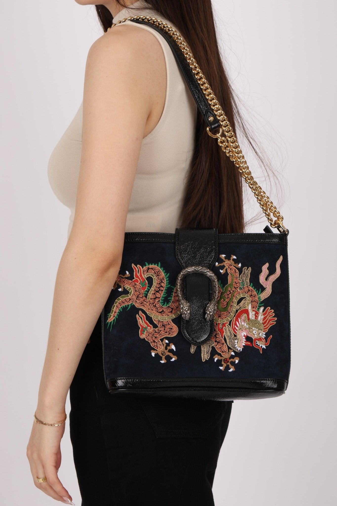 Gucci Suede Dragon Embroidered Bucket Bag - FashioNica