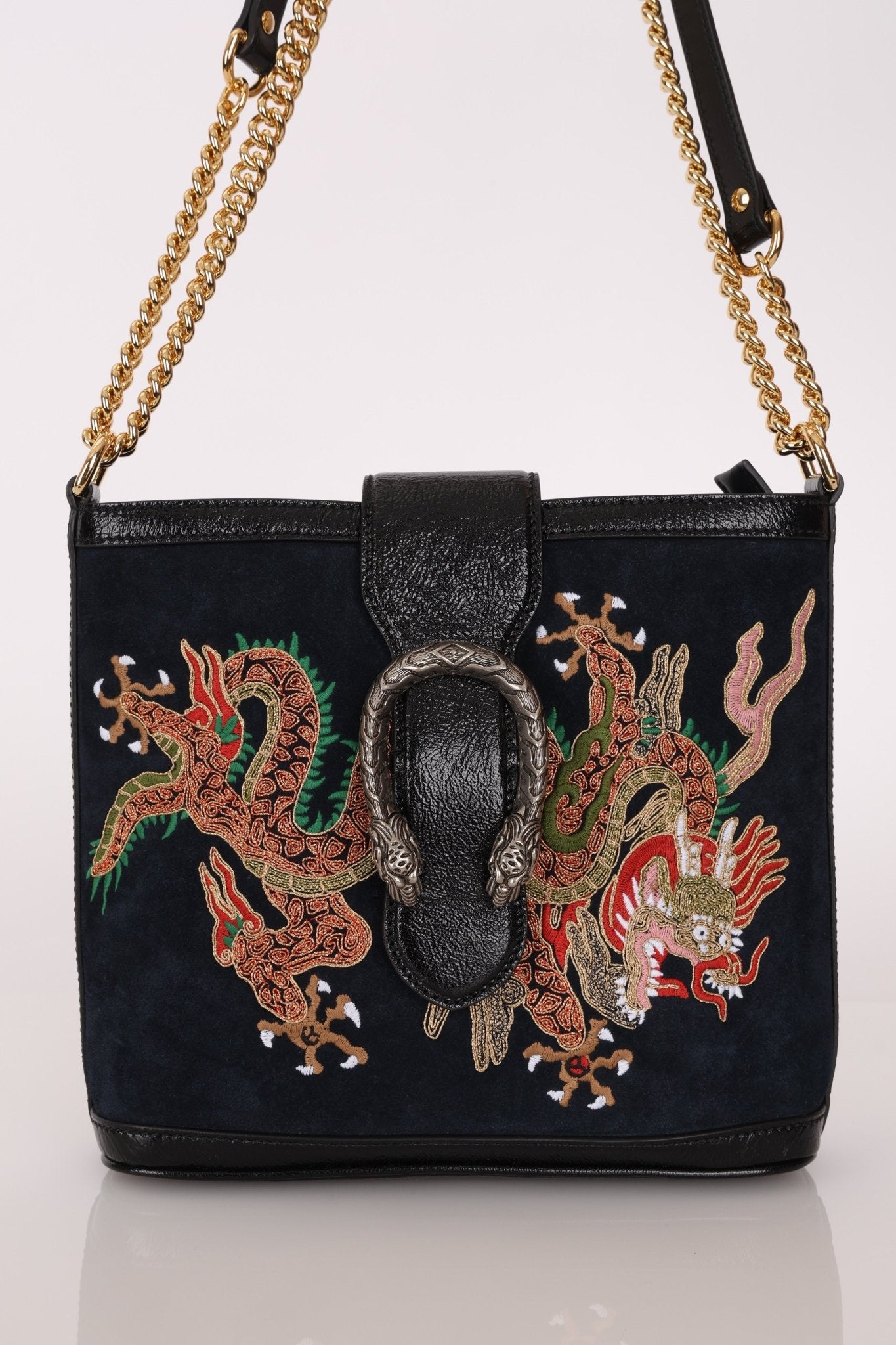 Gucci Suede Dragon Embroidered Bucket Bag - FashioNica