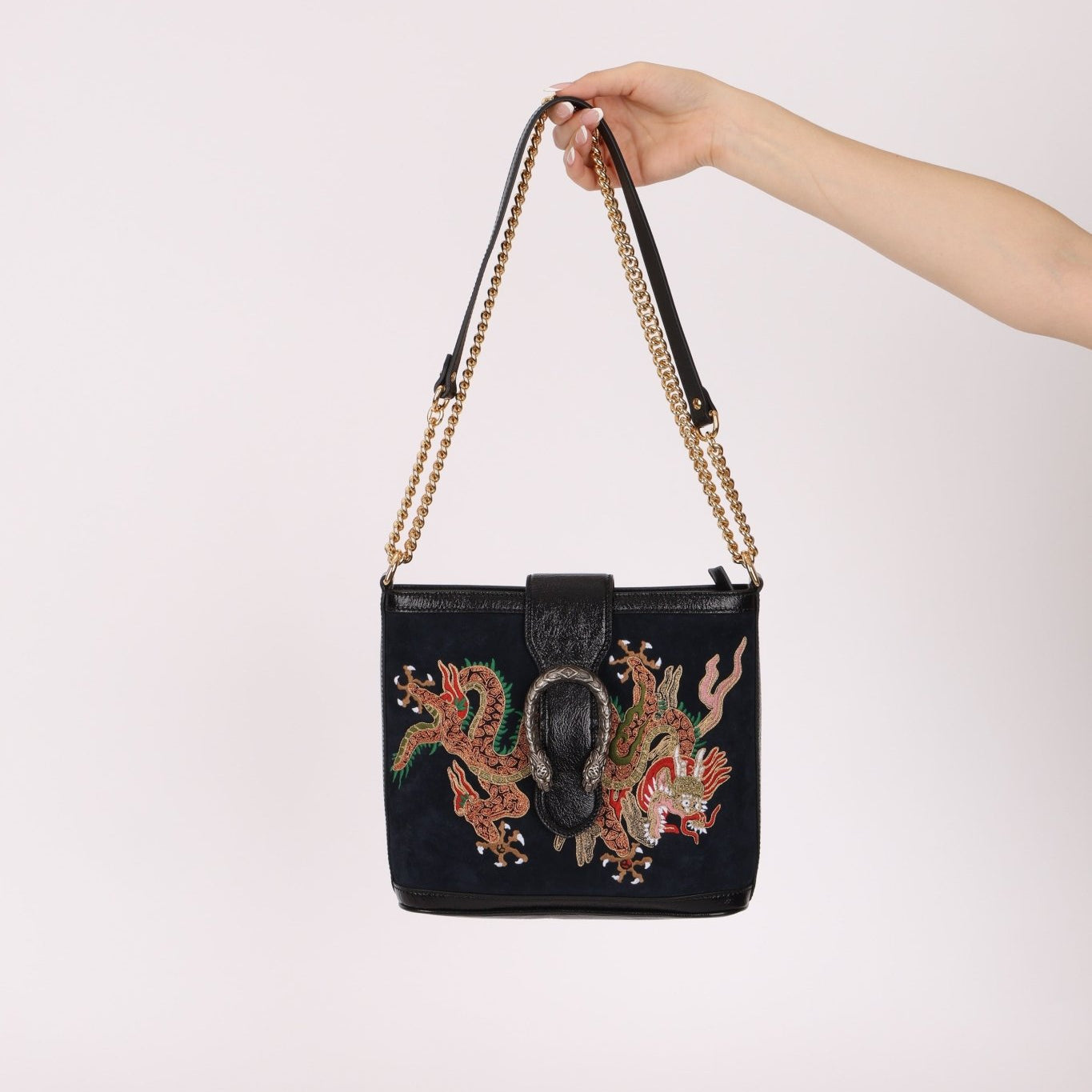 Gucci Suede Dragon Embroidered Bucket Bag - FashioNica