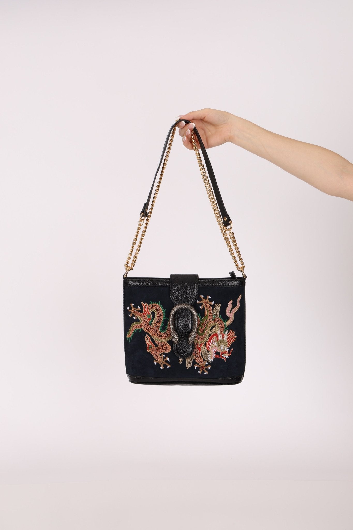 Gucci Suede Dragon Embroidered Bucket Bag - FashioNica