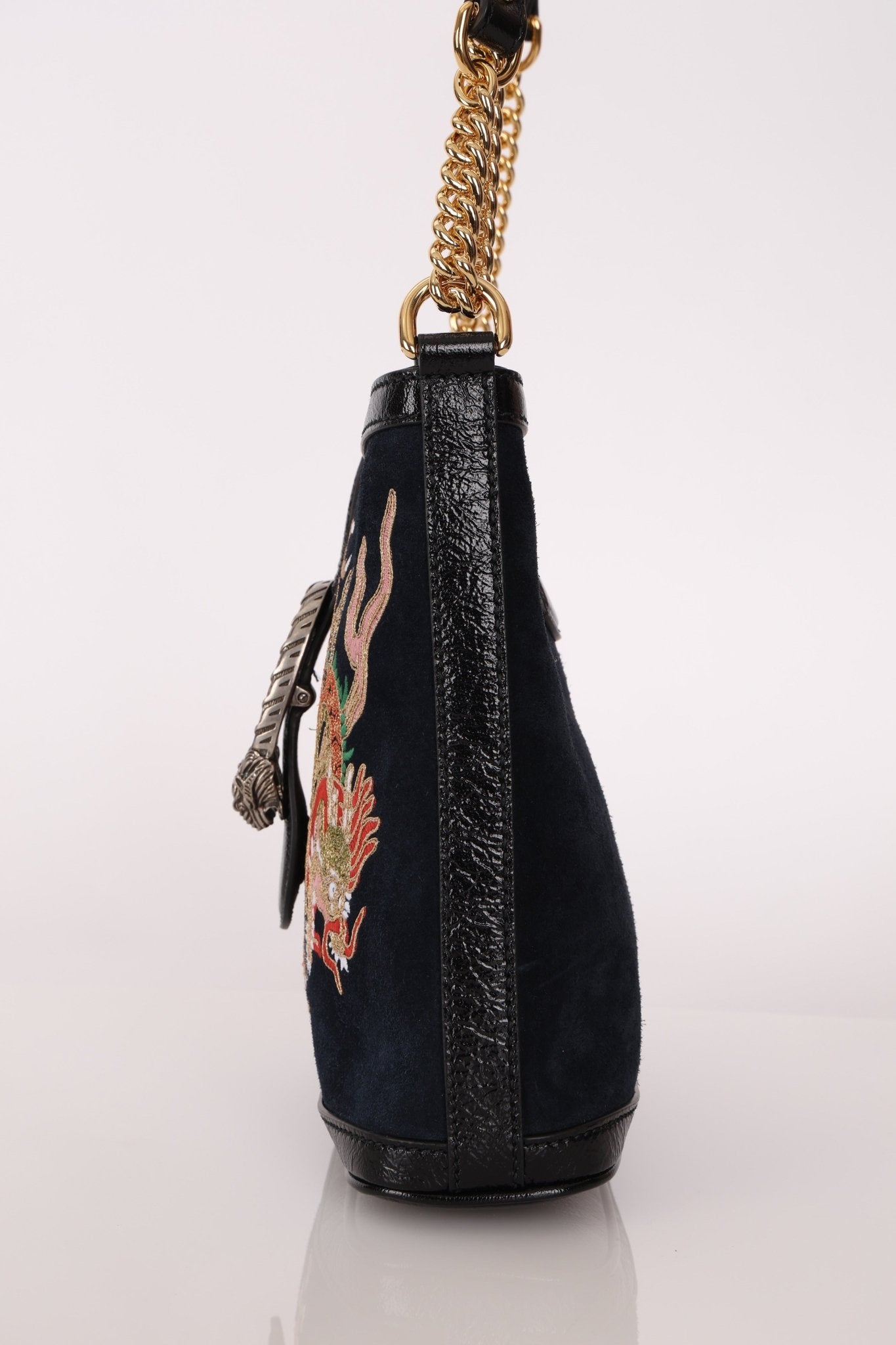 Gucci Suede Dragon Embroidered Bucket Bag - FashioNica
