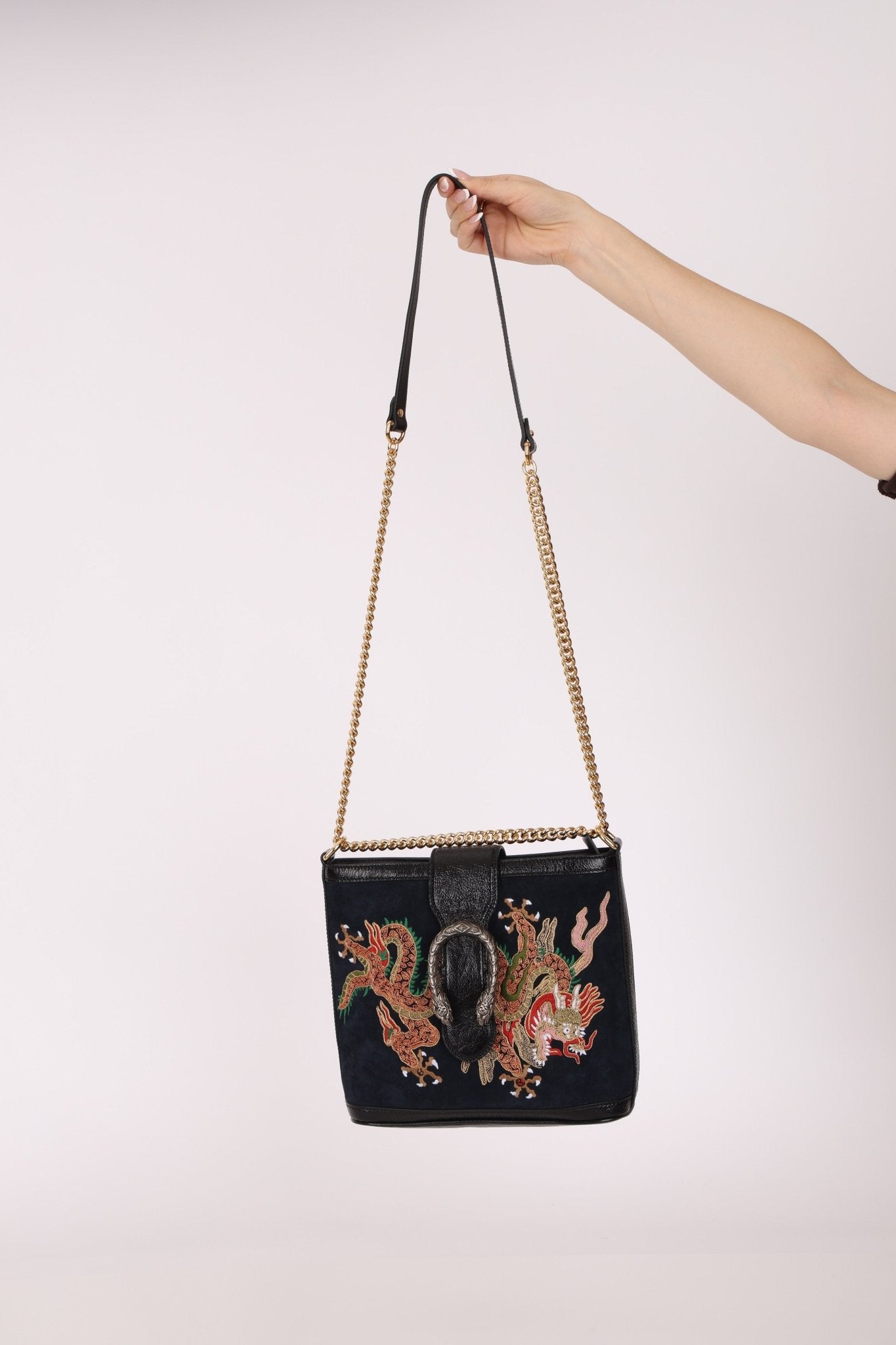Gucci Suede Dragon Embroidered Bucket Bag - FashioNica