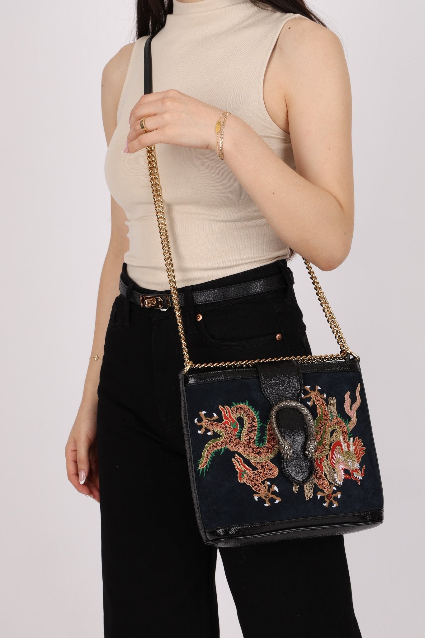 Gucci Suede Dragon Embroidered Bucket Bag - FashioNica