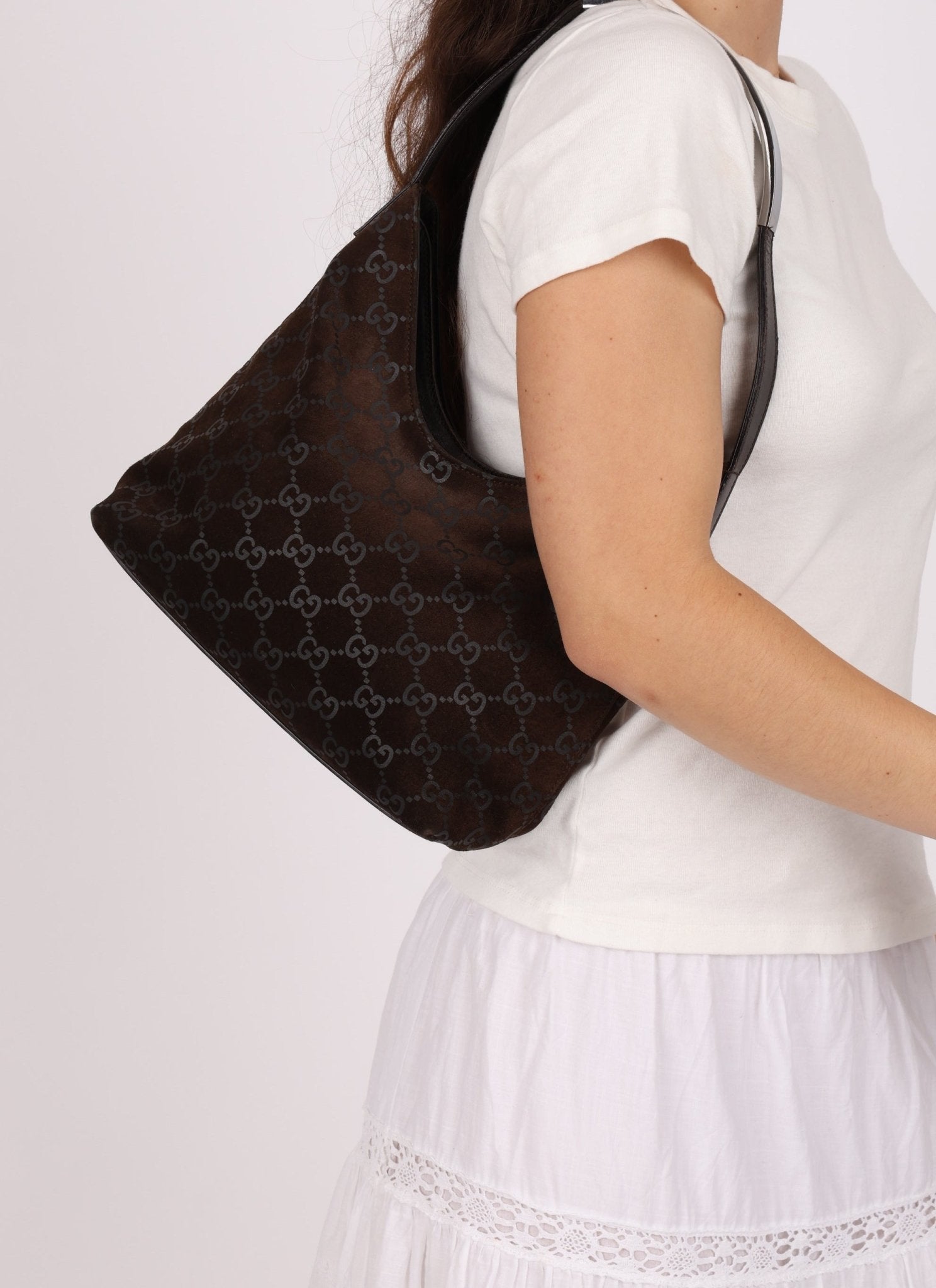 Gucci Suede Monogram Shoulder Bag - FashioNica
