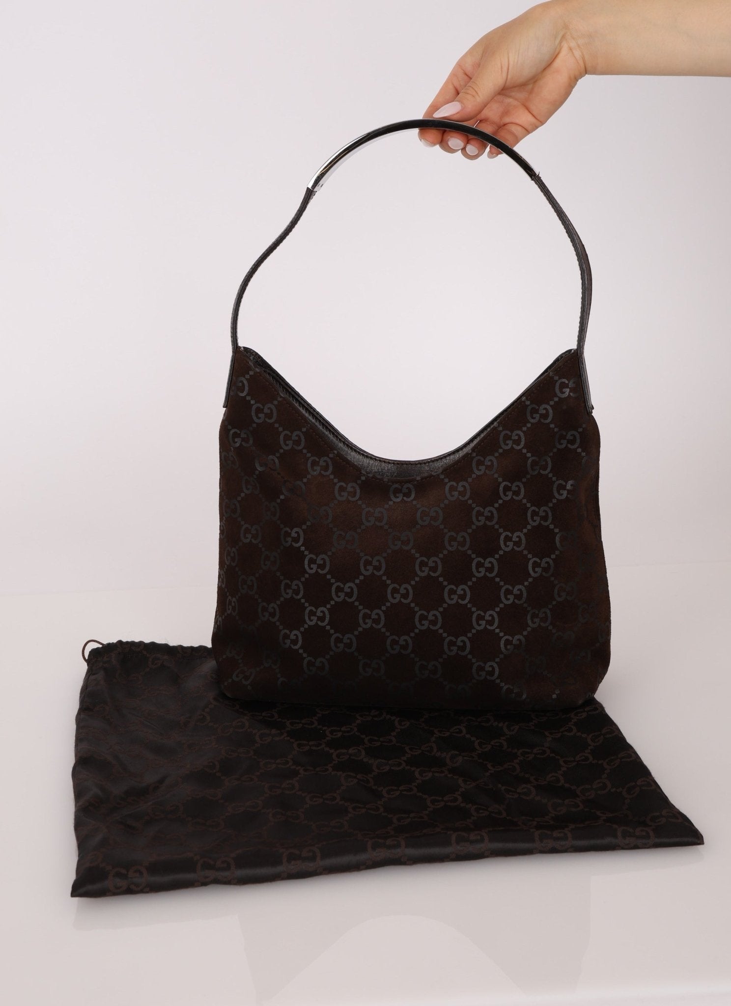 Gucci Suede Monogram Shoulder Bag - FashioNica