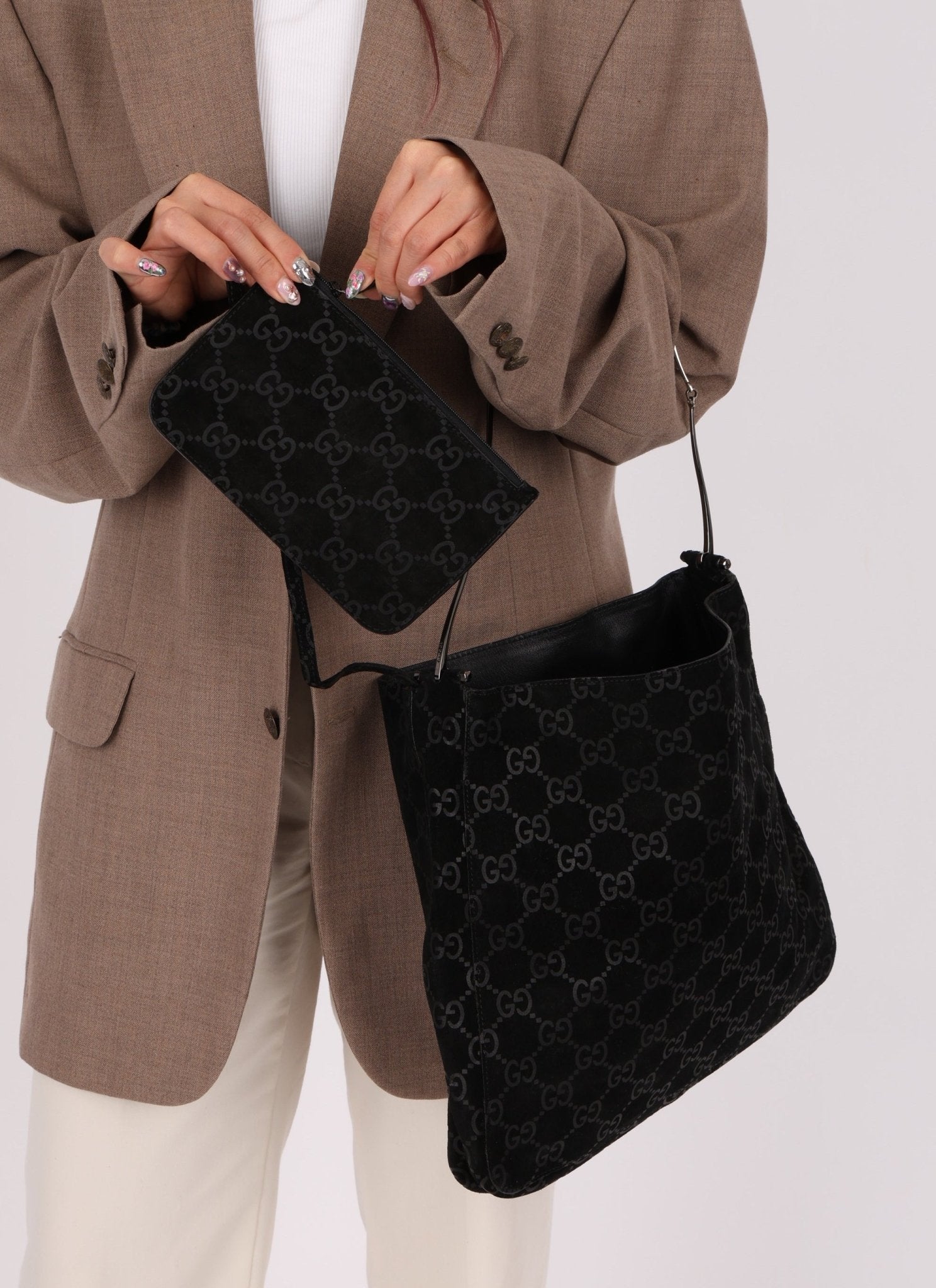 Gucci Suede Monogram Tote w/ Pouch - FashioNica