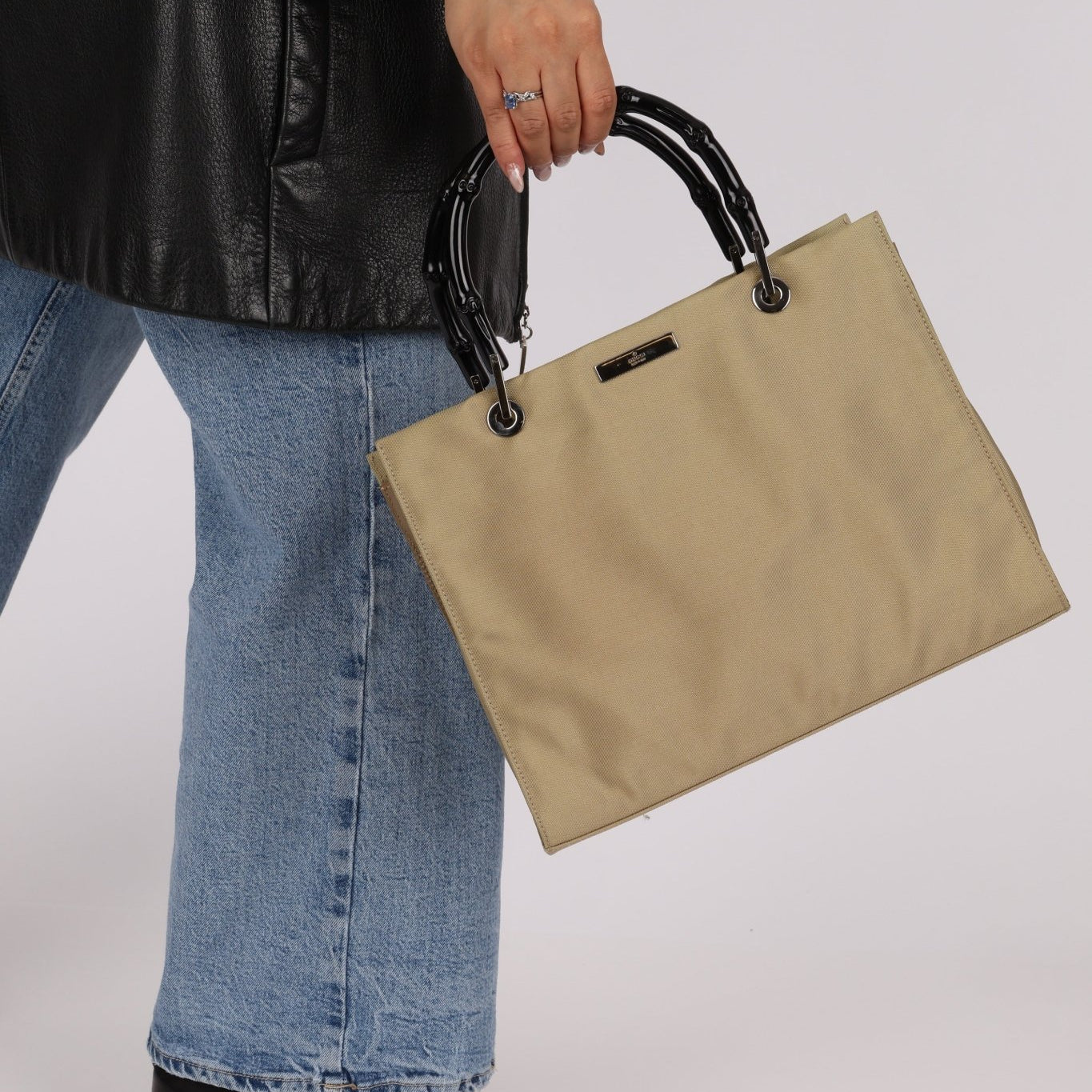 Gucci Taupe Nylon Bamboo Top Handle - FashioNica