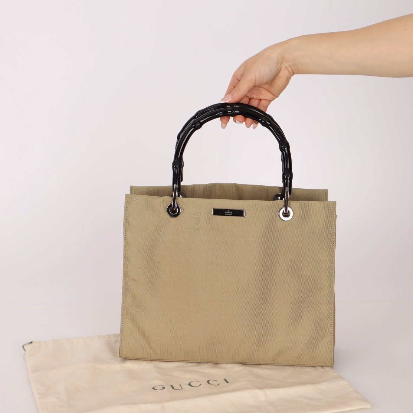 Gucci Taupe Nylon Bamboo Top Handle - FashioNica
