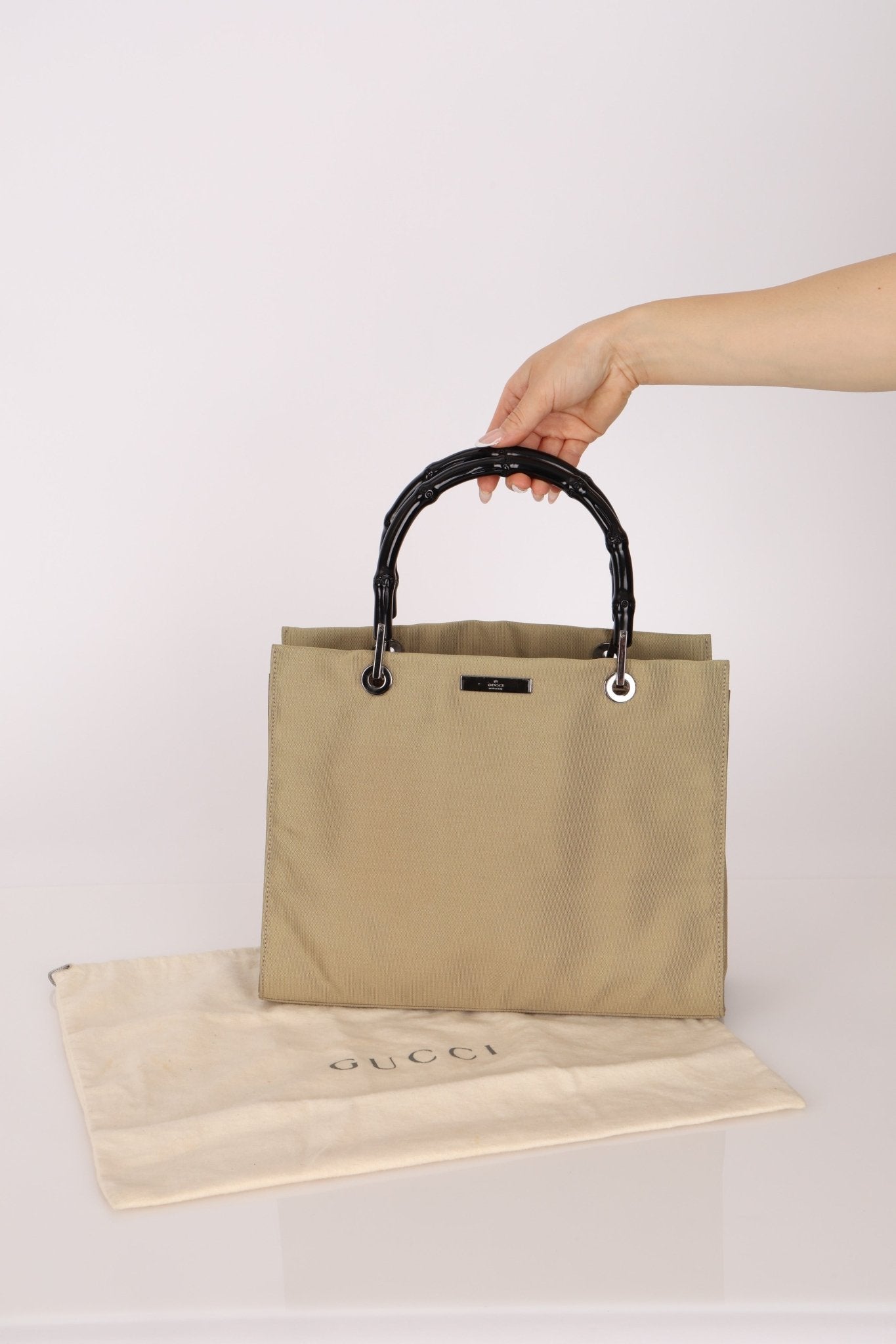 Gucci Taupe Nylon Bamboo Top Handle - FashioNica
