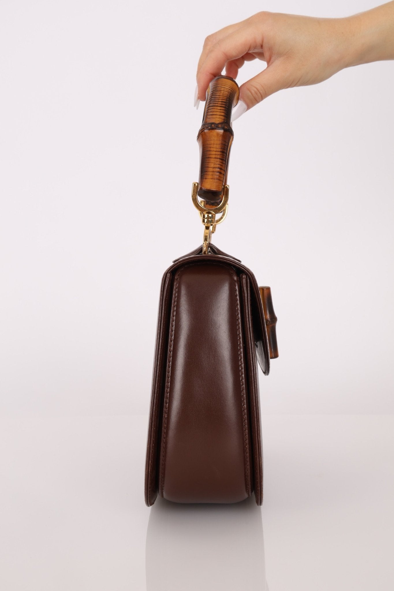 Gucci Vintage 1947 Chocolate Bamboo Turnlock Top Handle with Strap - FashioNica