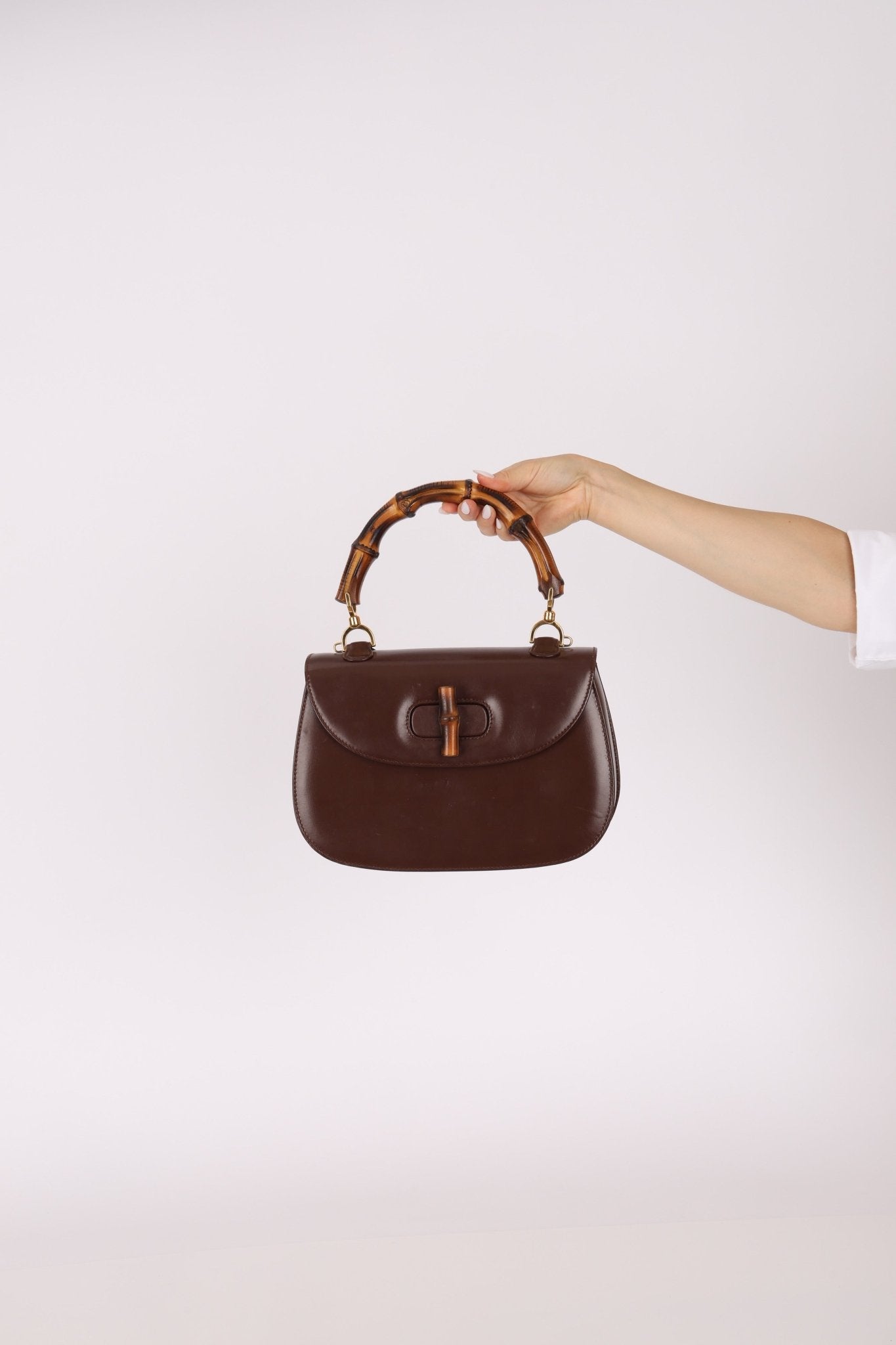 Gucci Vintage 1947 Chocolate Bamboo Turnlock Top Handle with Strap - FashioNica