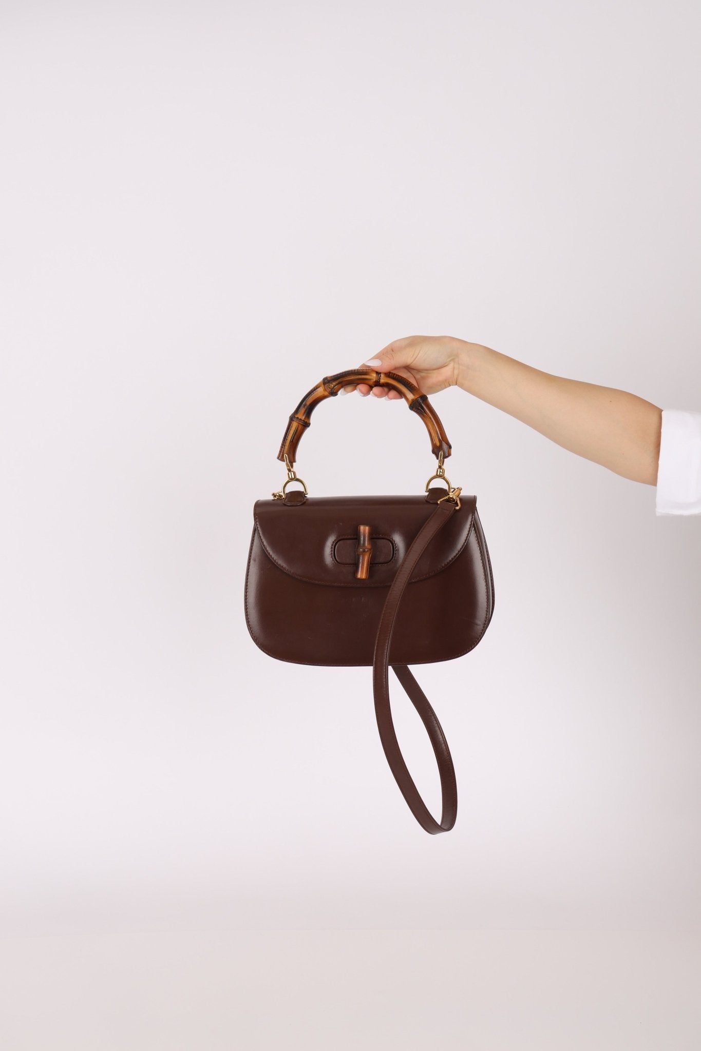 Gucci Vintage 1947 Chocolate Bamboo Turnlock Top Handle with Strap - FashioNica