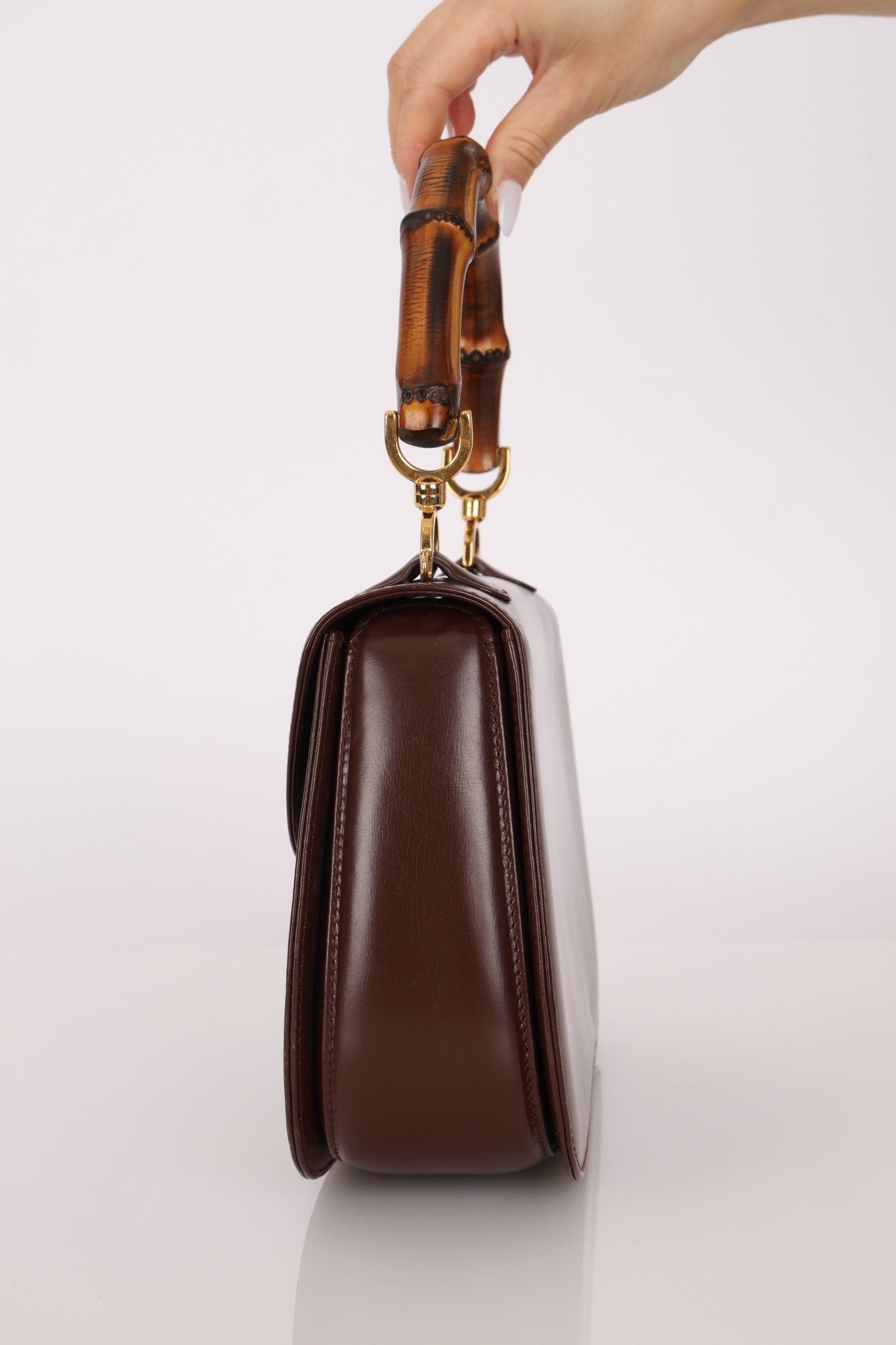 Gucci Vintage 1947 Chocolate Bamboo Turnlock Top Handle with Strap - FashioNica