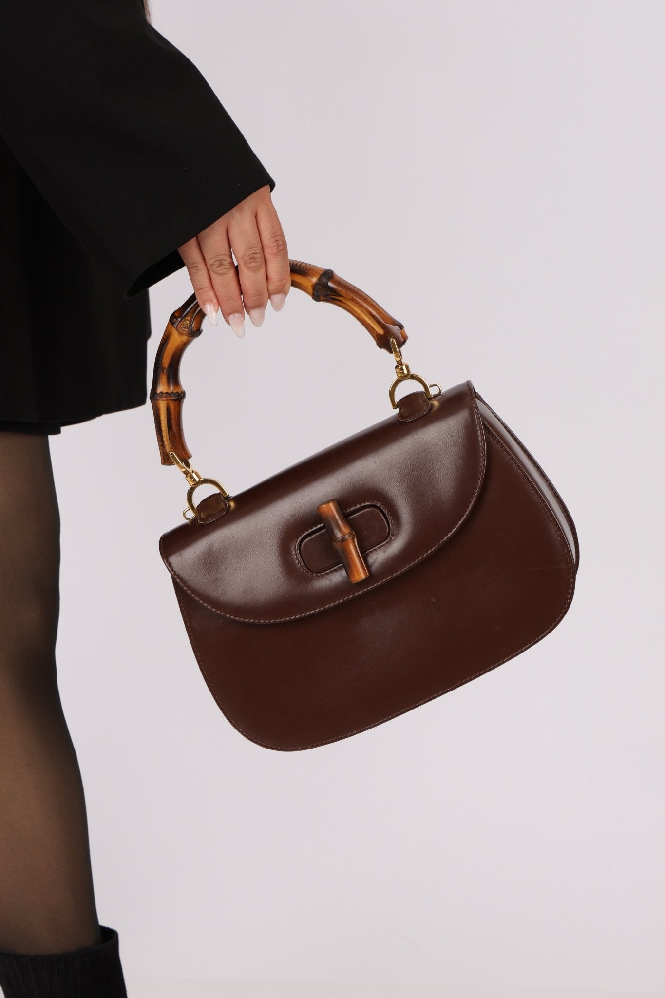 Gucci Vintage 1947 Chocolate Bamboo Turnlock Top Handle with Strap - FashioNica
