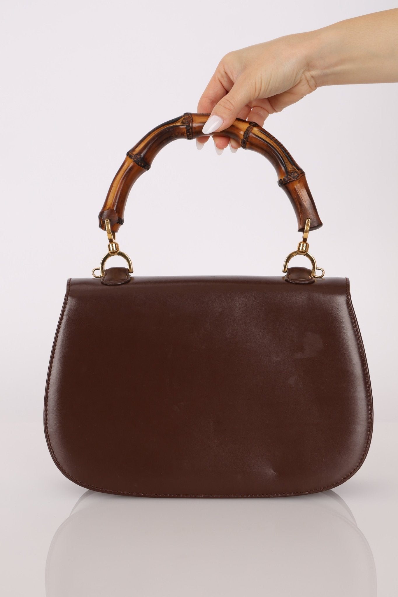Gucci Vintage 1947 Chocolate Bamboo Turnlock Top Handle with Strap - FashioNica