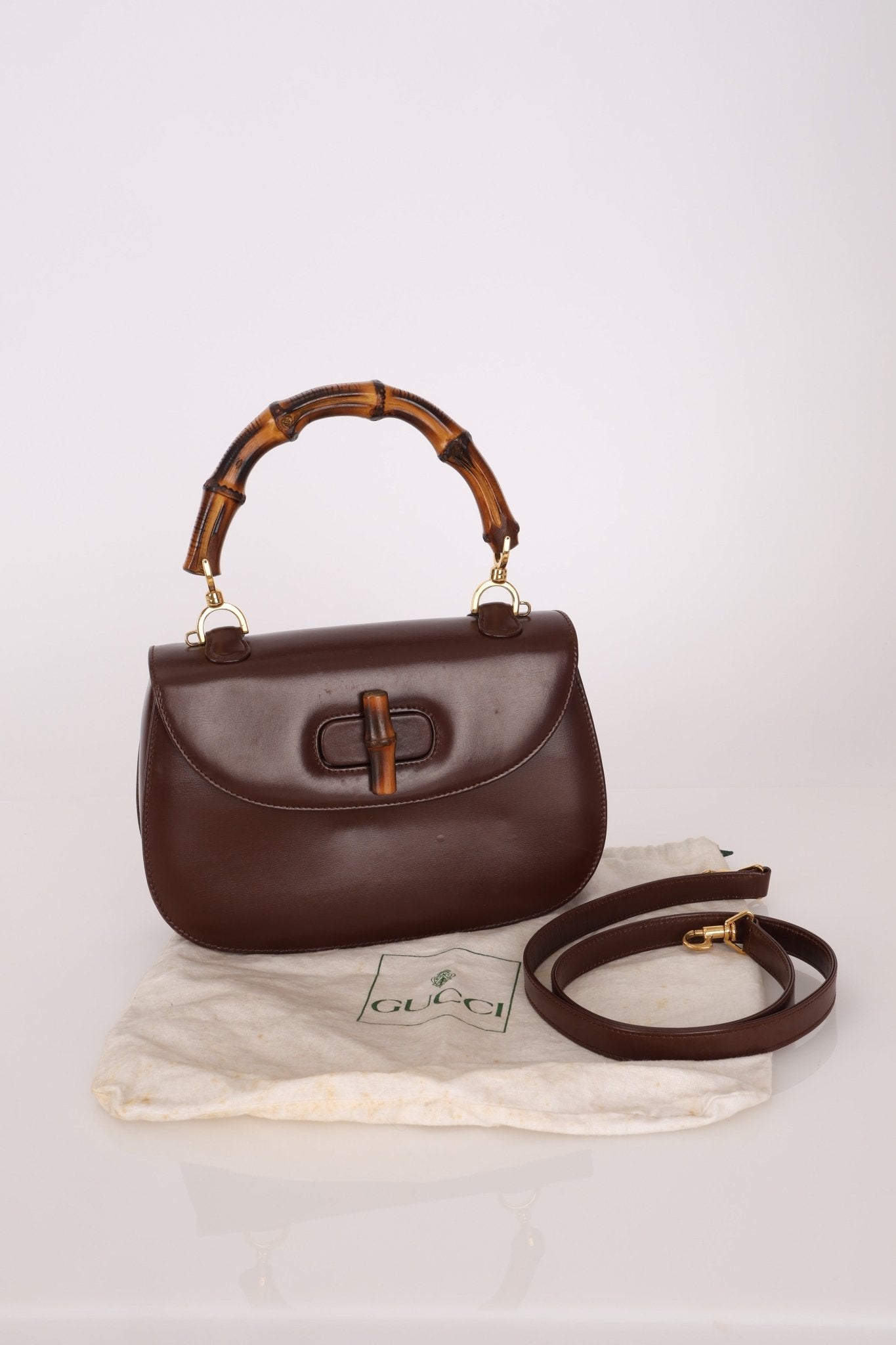 Gucci Vintage 1947 Chocolate Bamboo Turnlock Top Handle with Strap - FashioNica