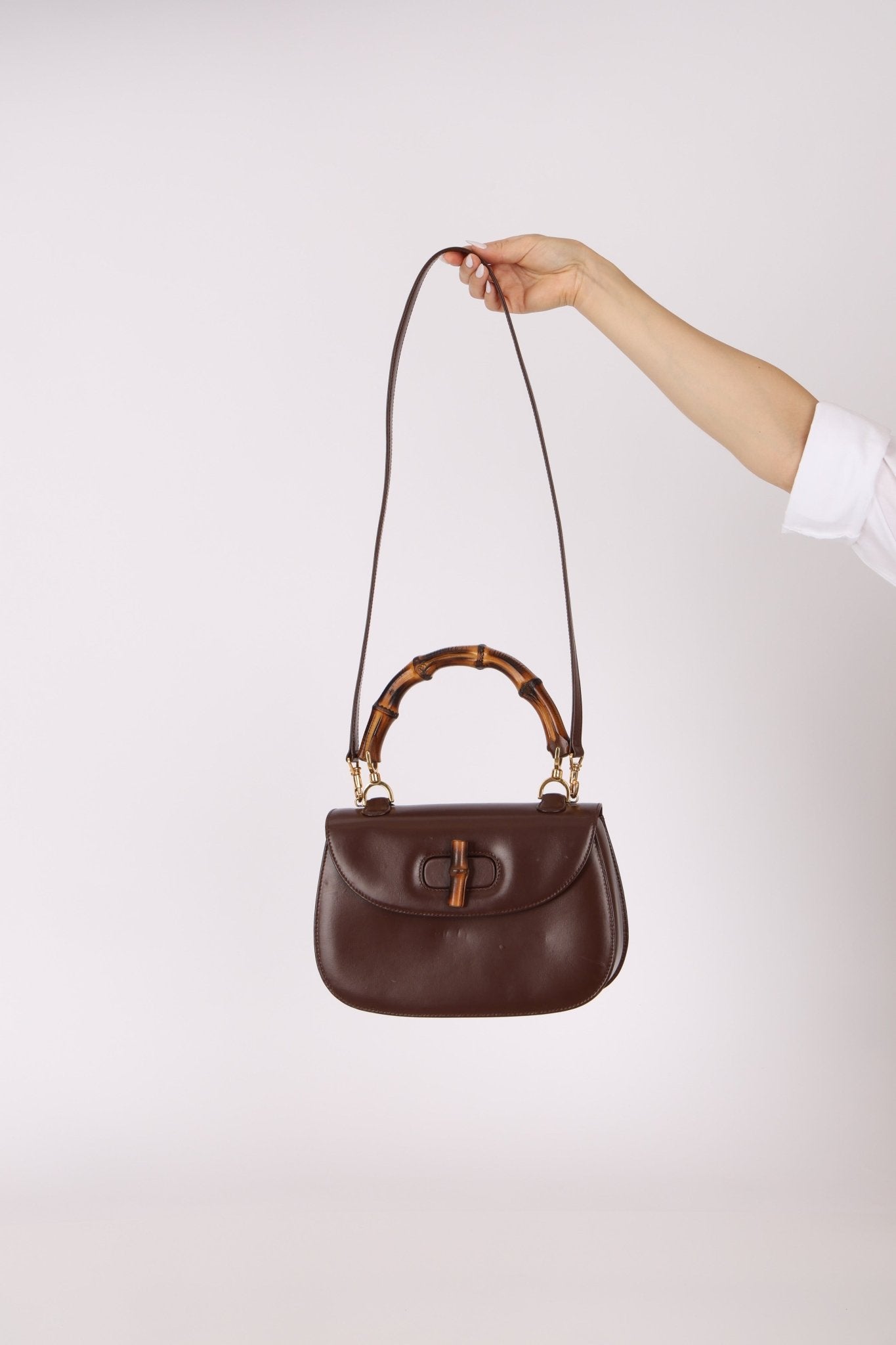 Gucci Vintage 1947 Chocolate Bamboo Turnlock Top Handle with Strap - FashioNica
