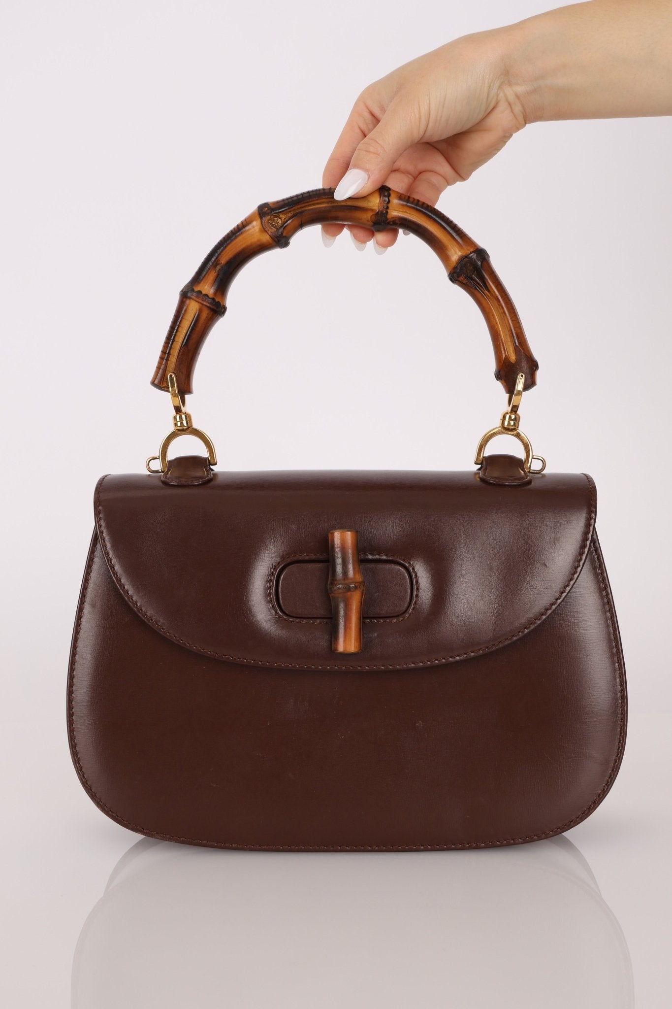 Gucci Vintage 1947 Chocolate Bamboo Turnlock Top Handle with Strap - FashioNica