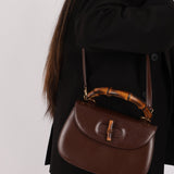 Gucci Vintage 1947 Chocolate Bamboo Turnlock Top Handle with Strap - FashioNica