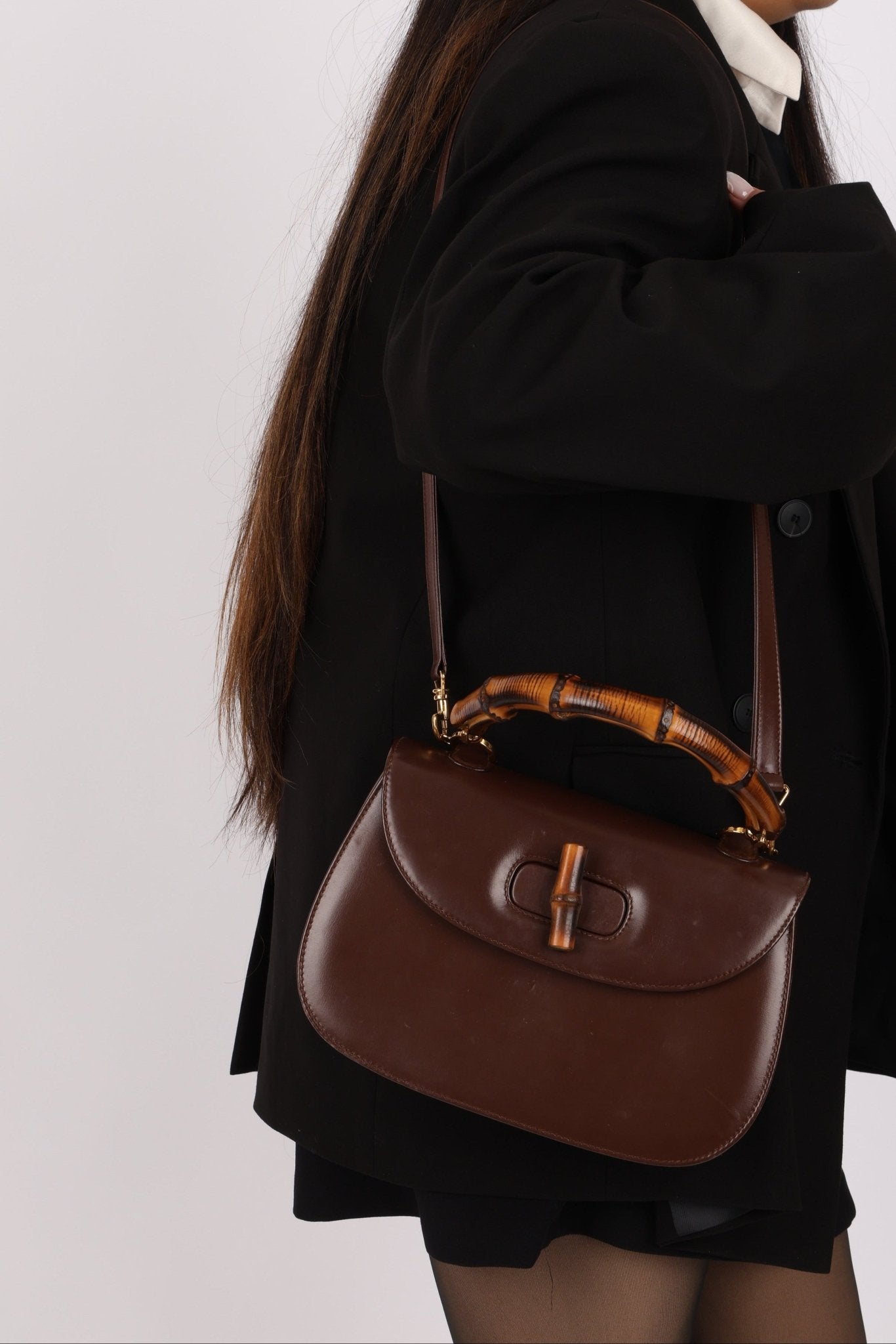Gucci Vintage 1947 Chocolate Bamboo Turnlock Top Handle with Strap - FashioNica
