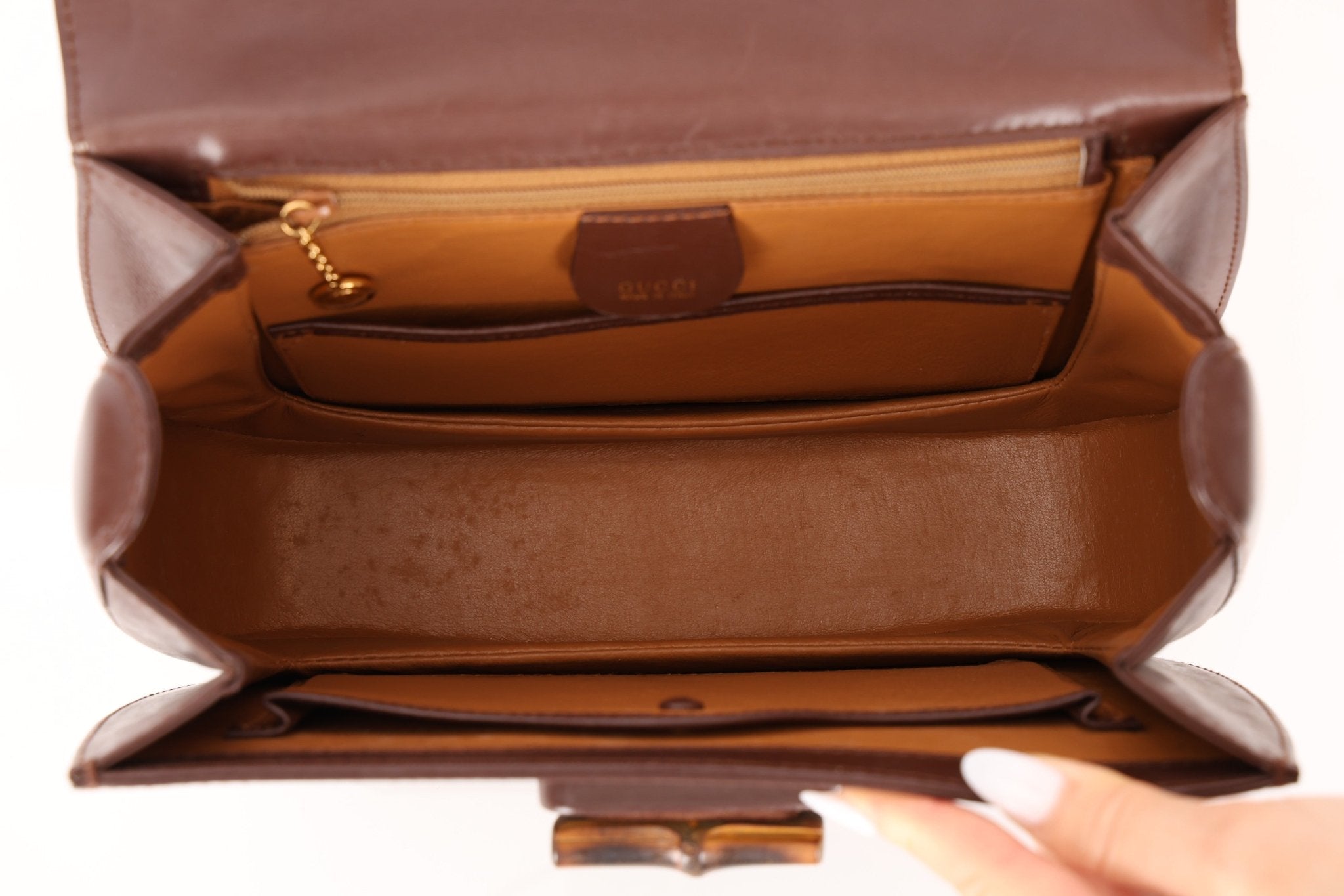 Gucci Vintage 1947 Chocolate Bamboo Turnlock Top Handle with Strap - FashioNica