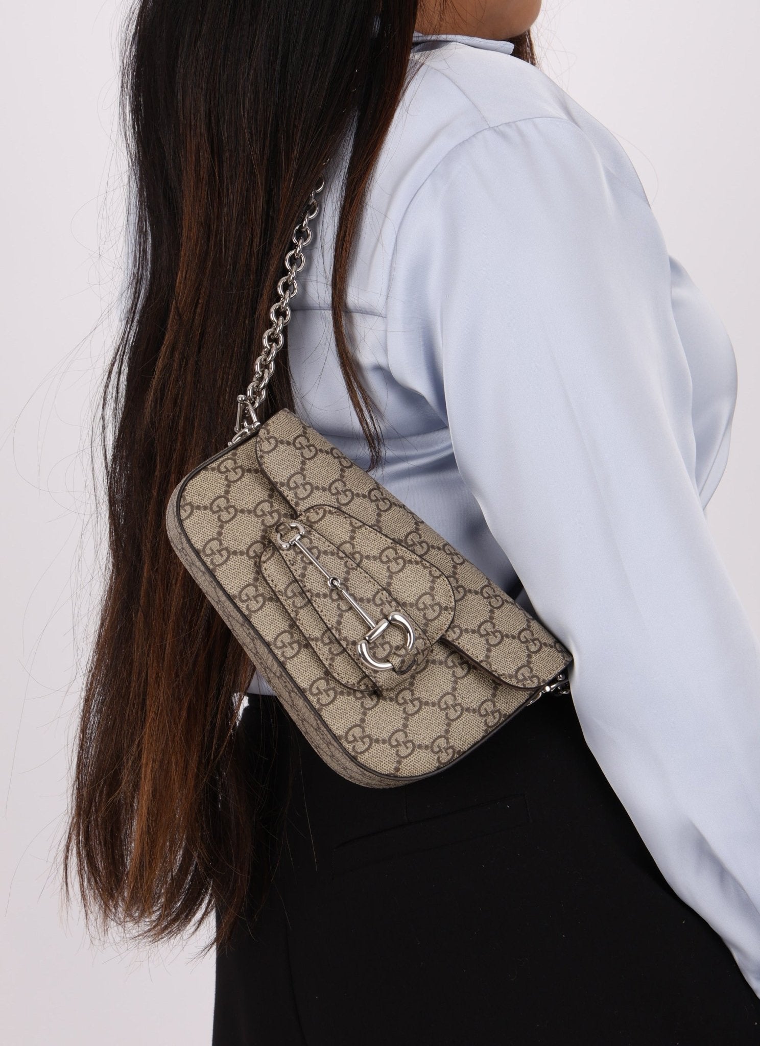 Gucci x Billie Eilish 1955 Coated Canvas Asymmetrical Horsebit Mini Shoulder Bag on Chain - FashioNica