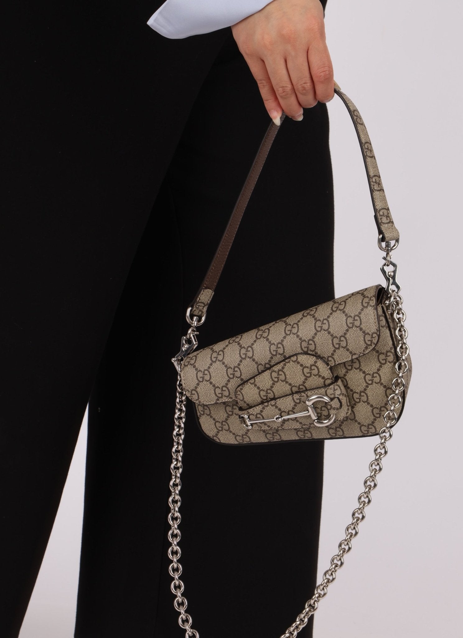 Gucci x Billie Eilish 1955 Coated Canvas Asymmetrical Horsebit Mini Shoulder Bag on Chain - FashioNica