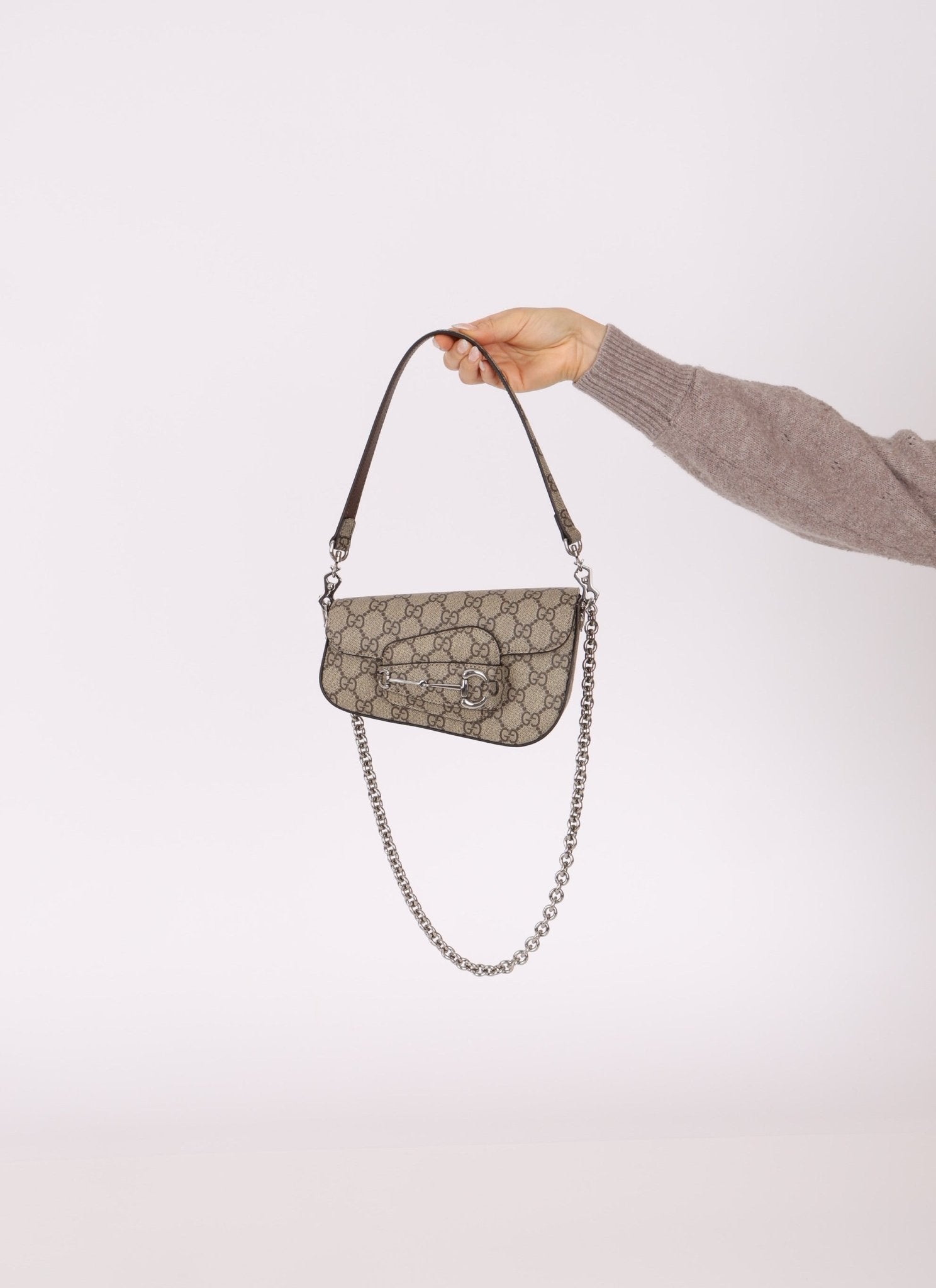 Gucci x Billie Eilish 1955 Coated Canvas Asymmetrical Horsebit Mini Shoulder Bag on Chain - FashioNica