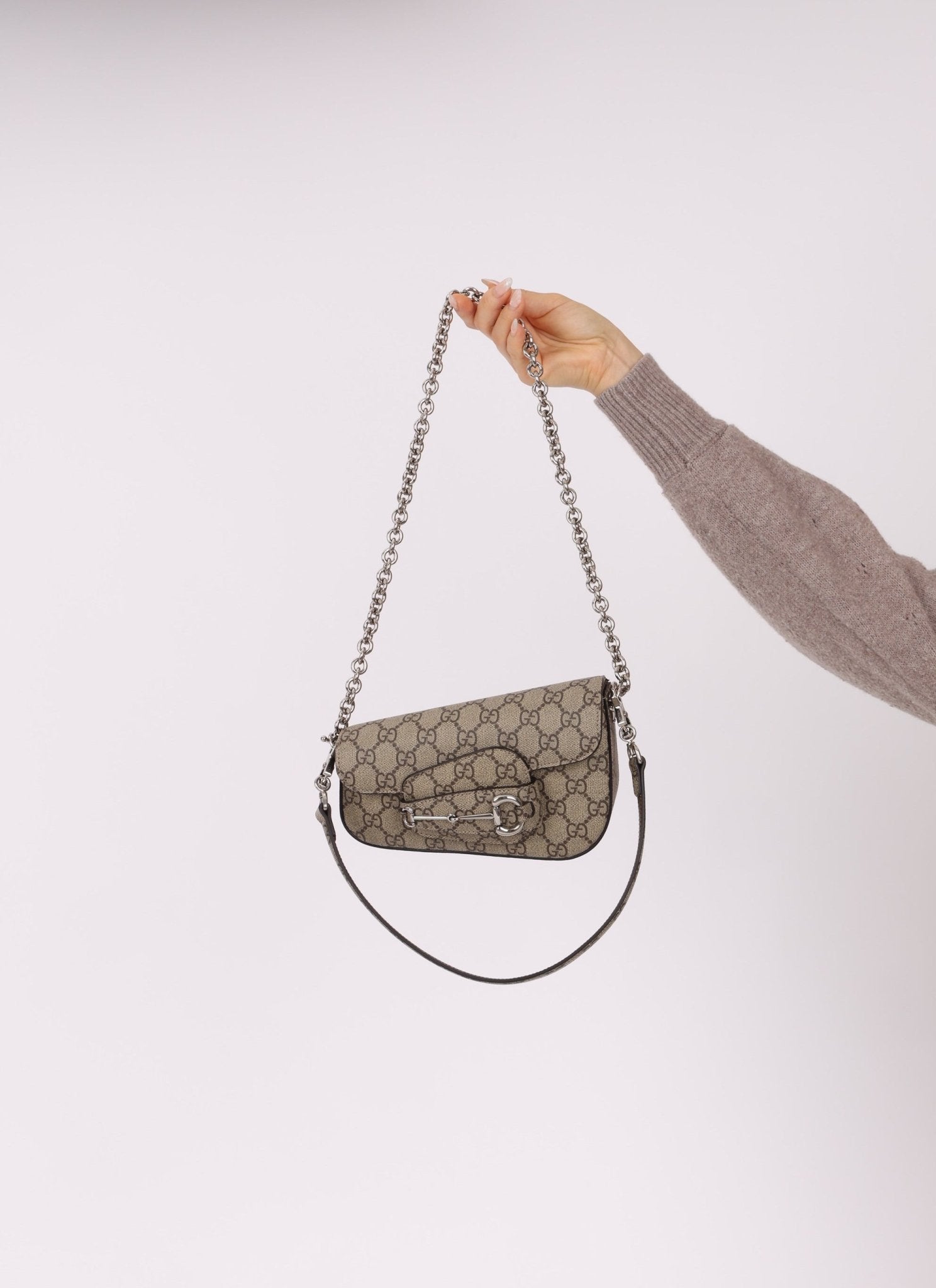 Gucci x Billie Eilish 1955 Coated Canvas Asymmetrical Horsebit Mini Shoulder Bag on Chain - FashioNica