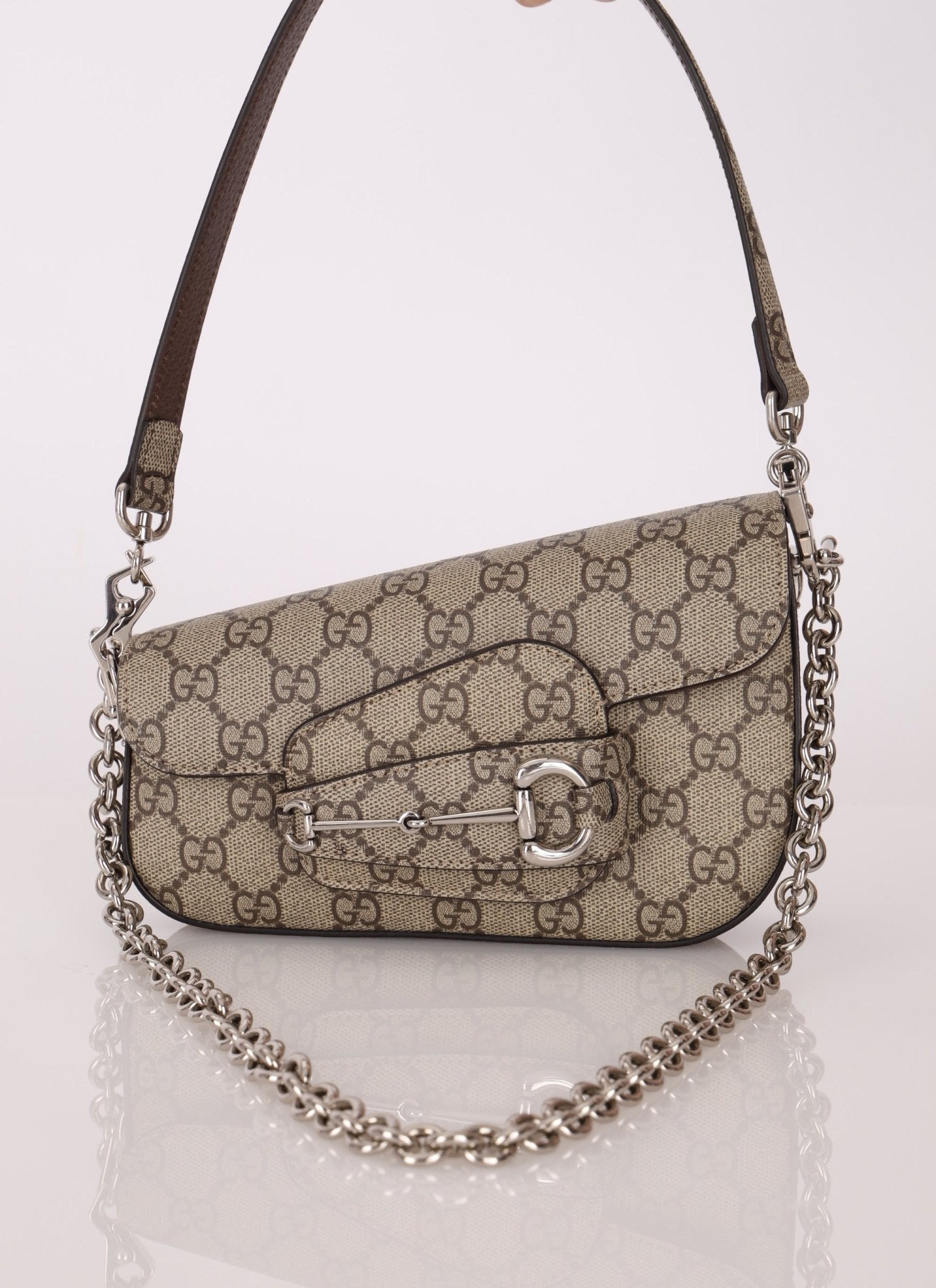 Gucci x Billie Eilish 1955 Coated Canvas Asymmetrical Horsebit Mini Shoulder Bag on Chain - FashioNica