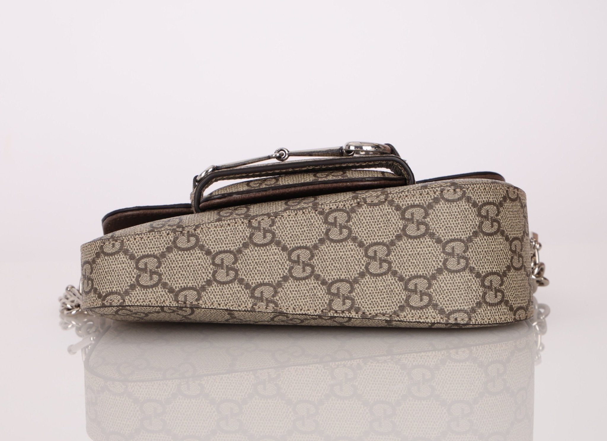 Gucci x Billie Eilish 1955 Coated Canvas Asymmetrical Horsebit Mini Shoulder Bag on Chain - FashioNica