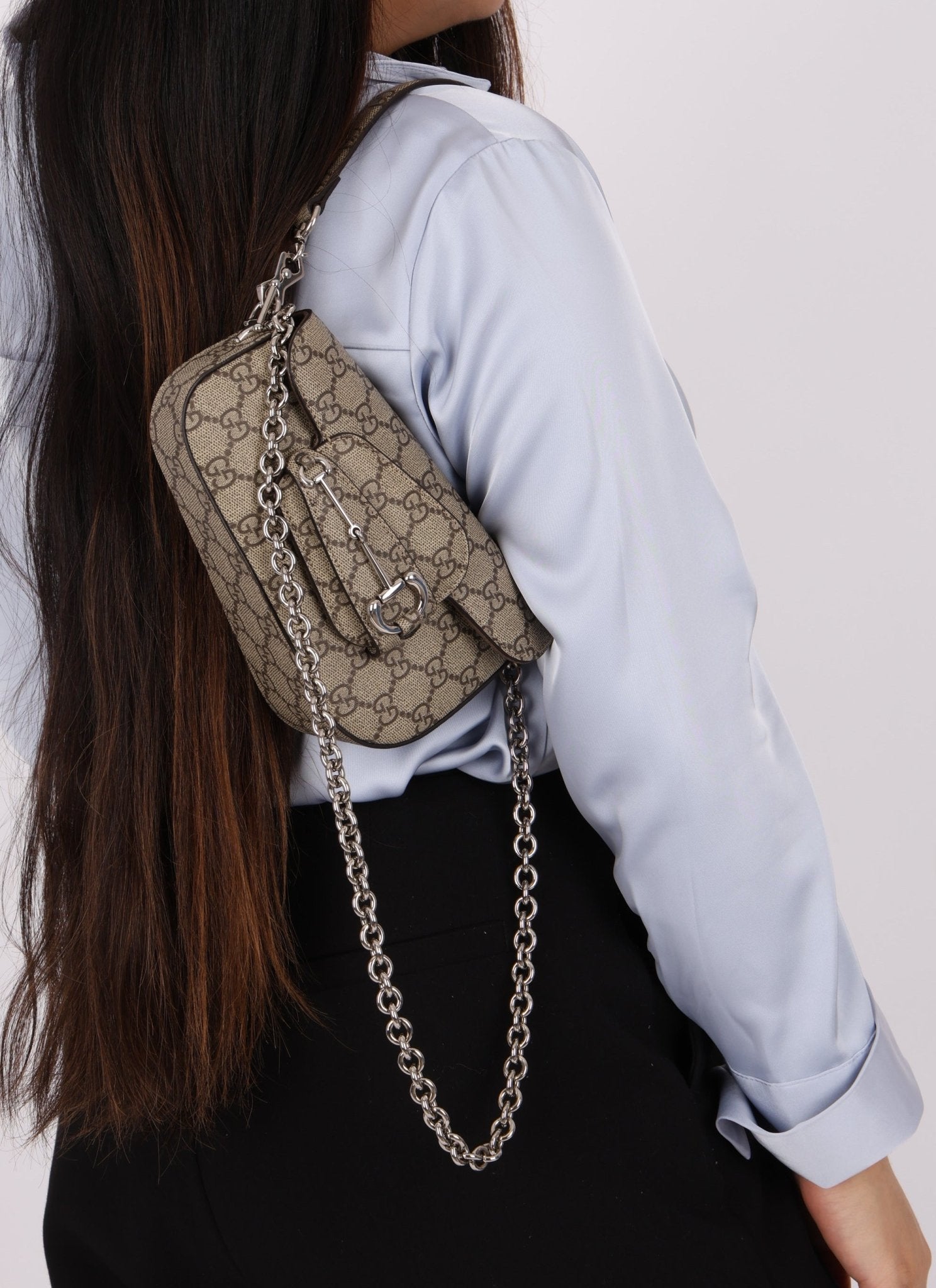 Gucci x Billie Eilish 1955 Coated Canvas Asymmetrical Horsebit Mini Shoulder Bag on Chain - FashioNica