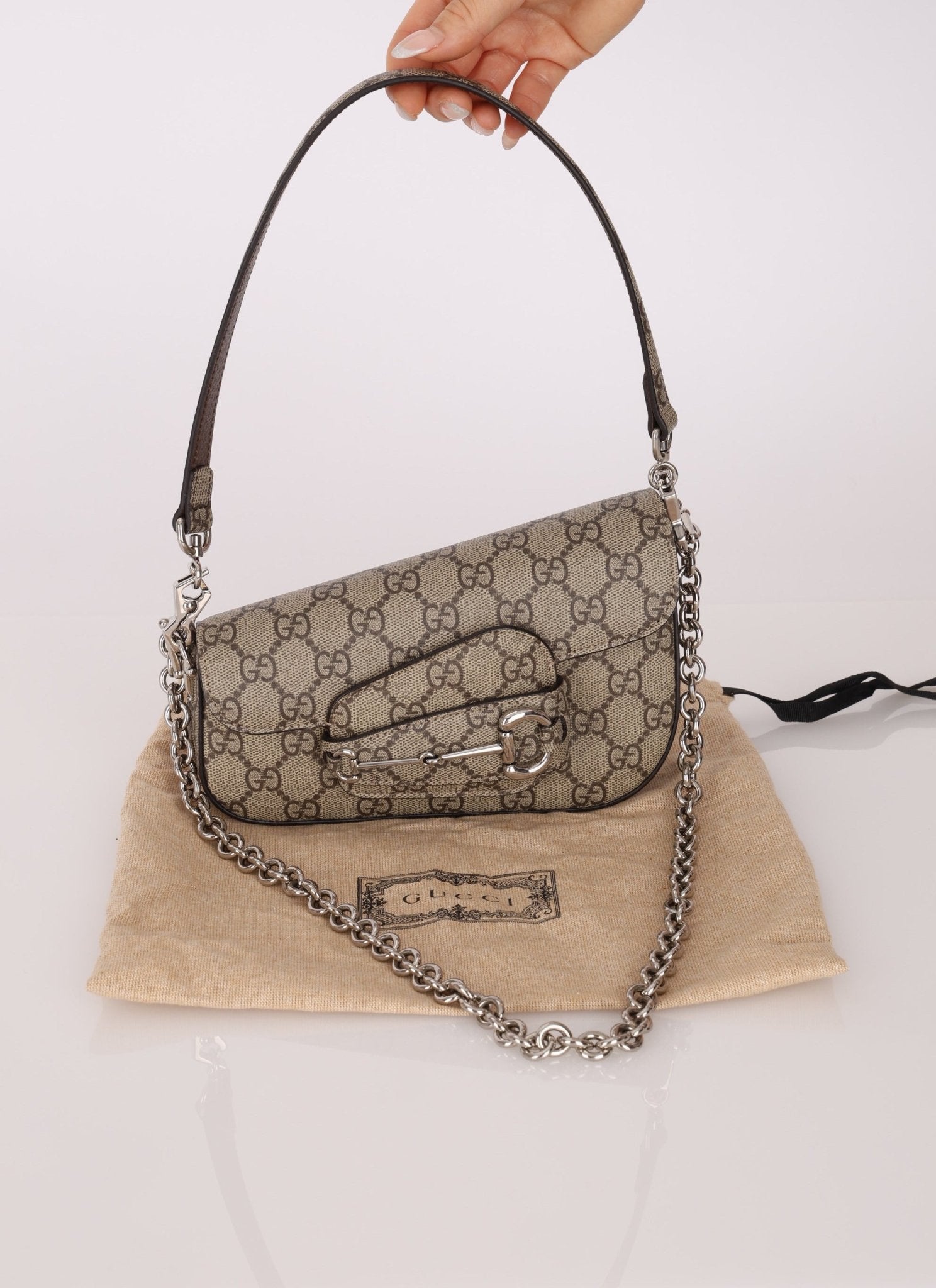 Gucci x Billie Eilish 1955 Coated Canvas Asymmetrical Horsebit Mini Shoulder Bag on Chain - FashioNica